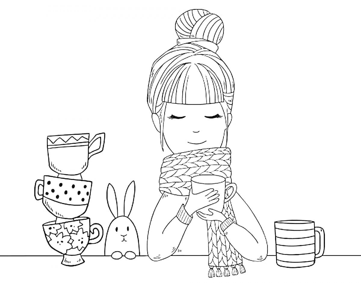 Раскраска Девушка с чашкой чая, стопка чашек, игрушечный кролик и полосатая кружка