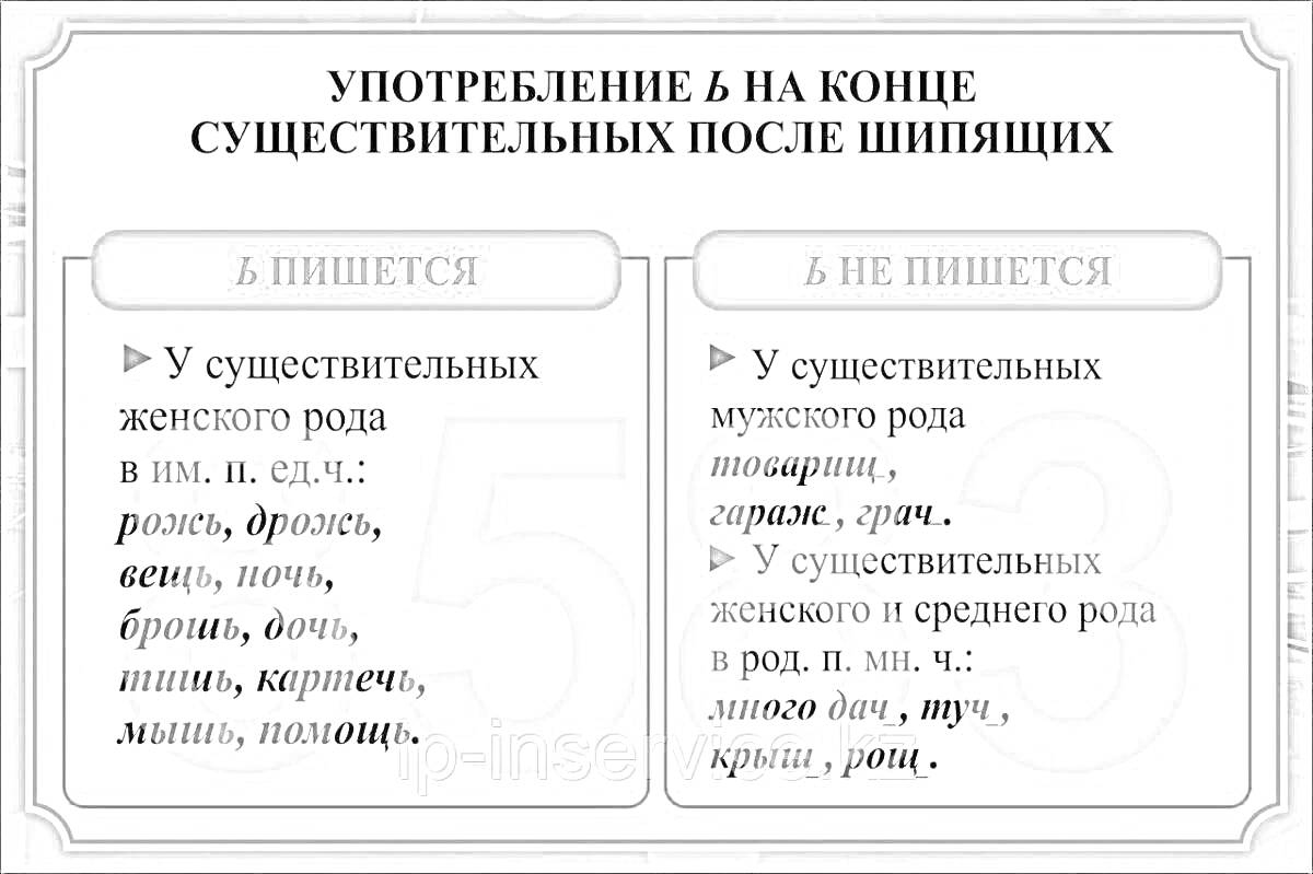 Употребление Ь на конце существительных после шипящих