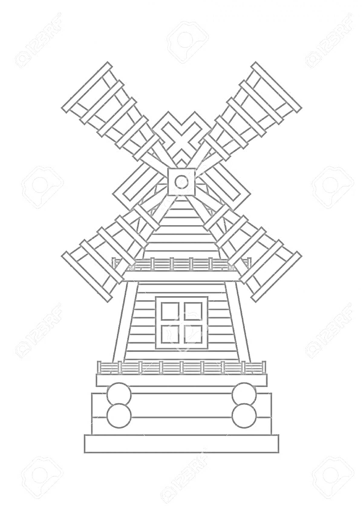 Раскраска Мельница с крышей, четырехлопастным колесом и окнами