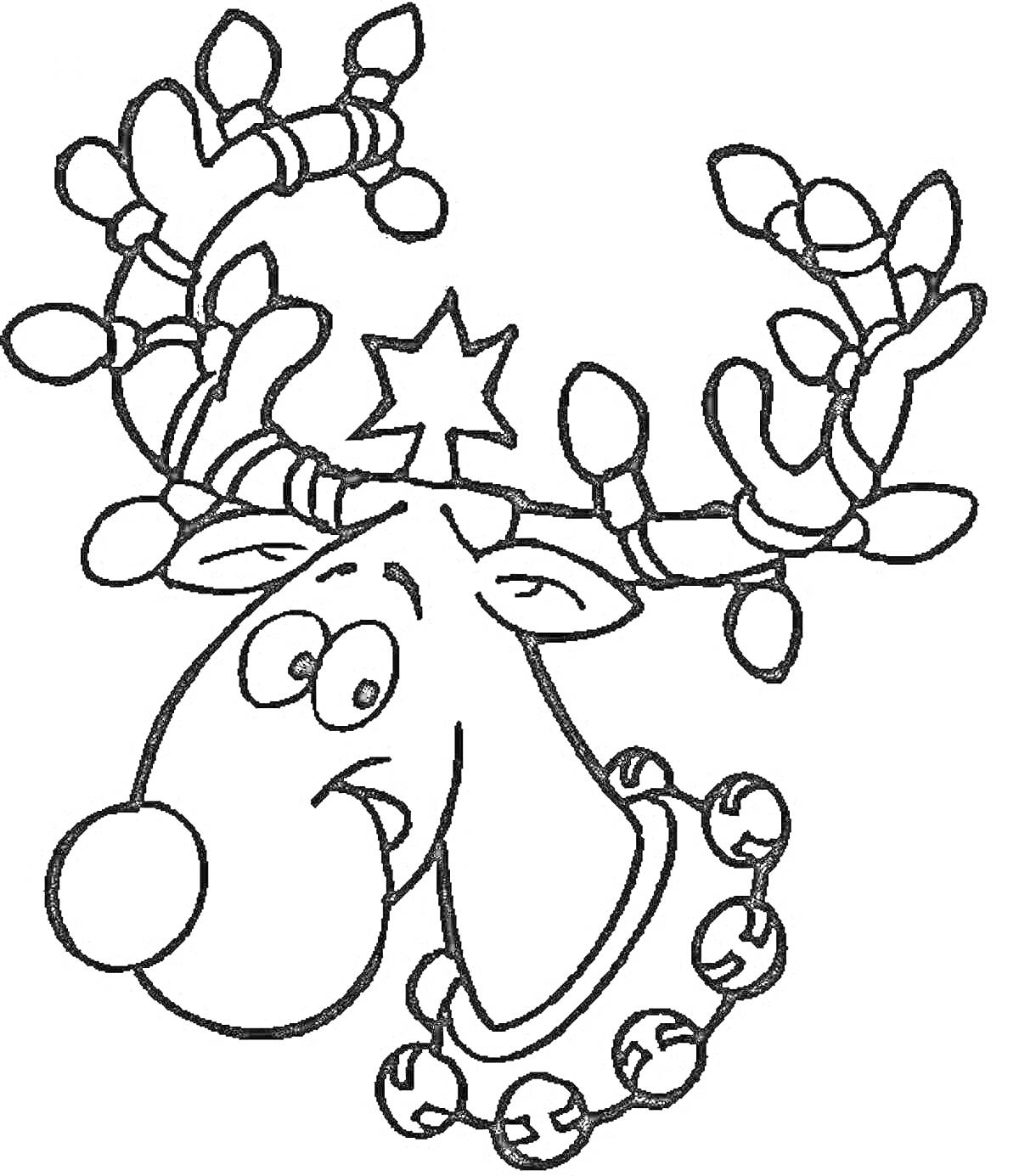 Раскраска Новогодний олень с гирляндой и колокольчиками