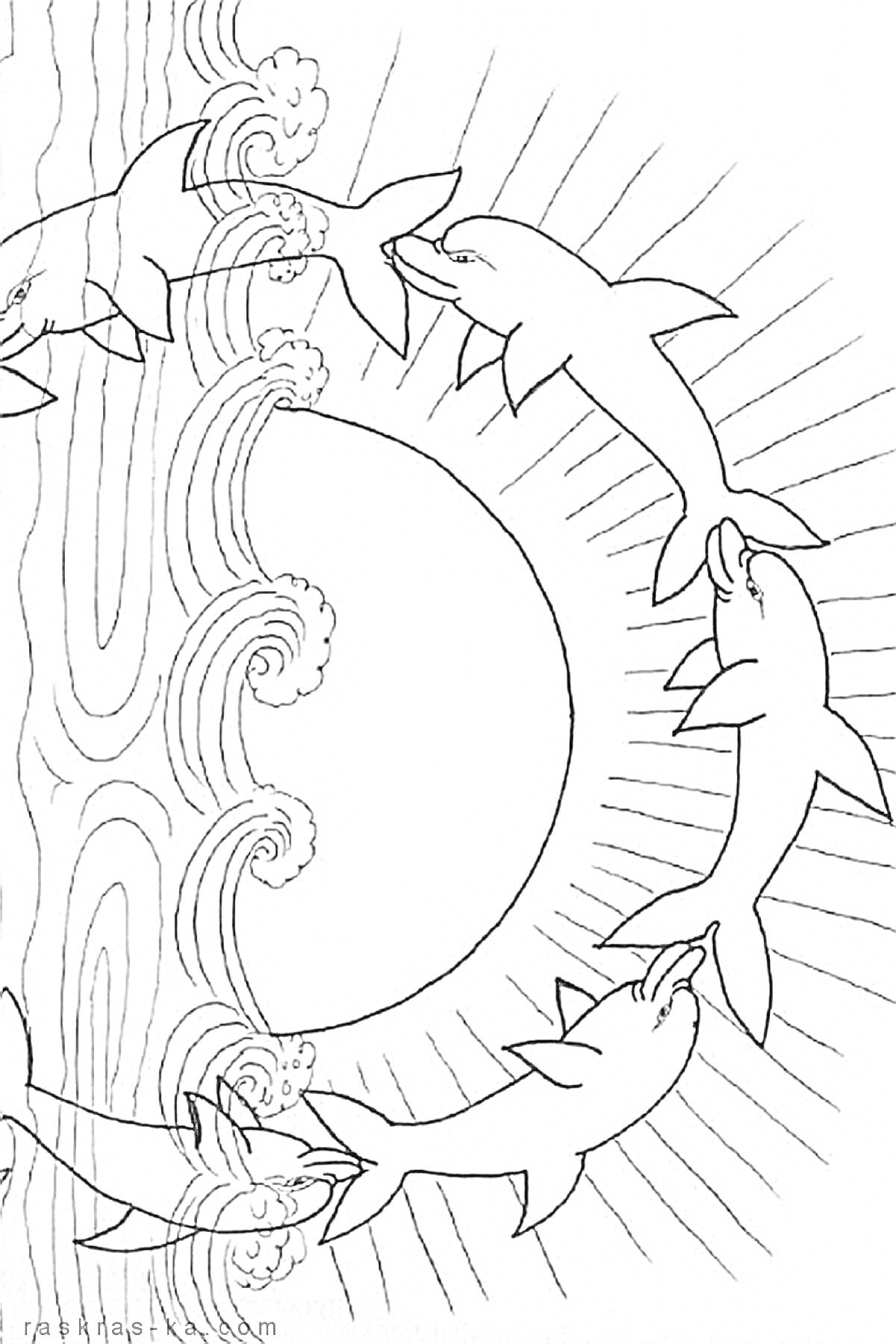 На раскраске изображено: Дельфины, Солнце, Волны, Море, Природа, Крым, Творчество