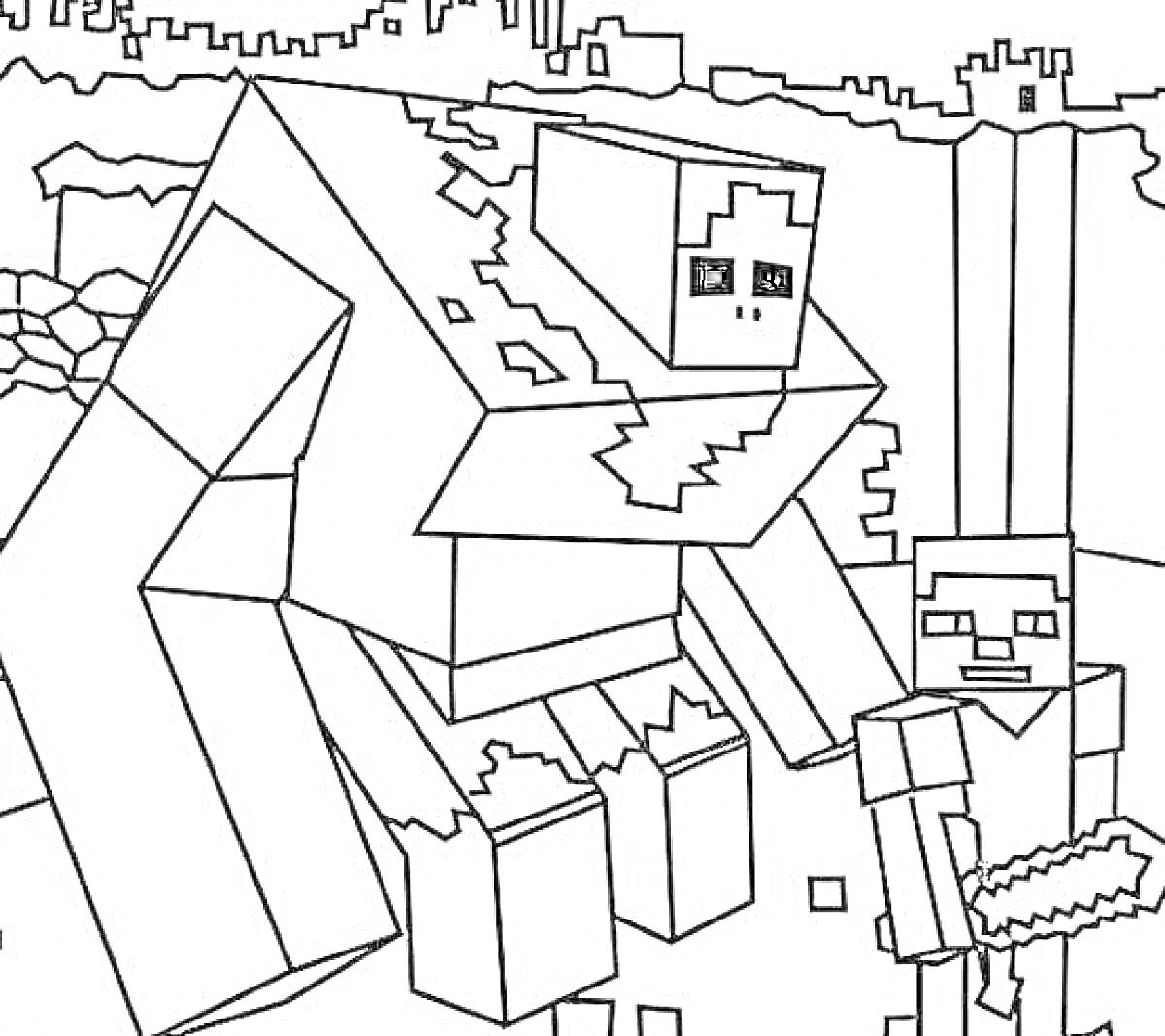 На раскраске изображено: Майнкрафт, Для мальчиков, Компот, Железный голем, Меч, Блоки, Ландшафт, Игра, Пиксельный стиль