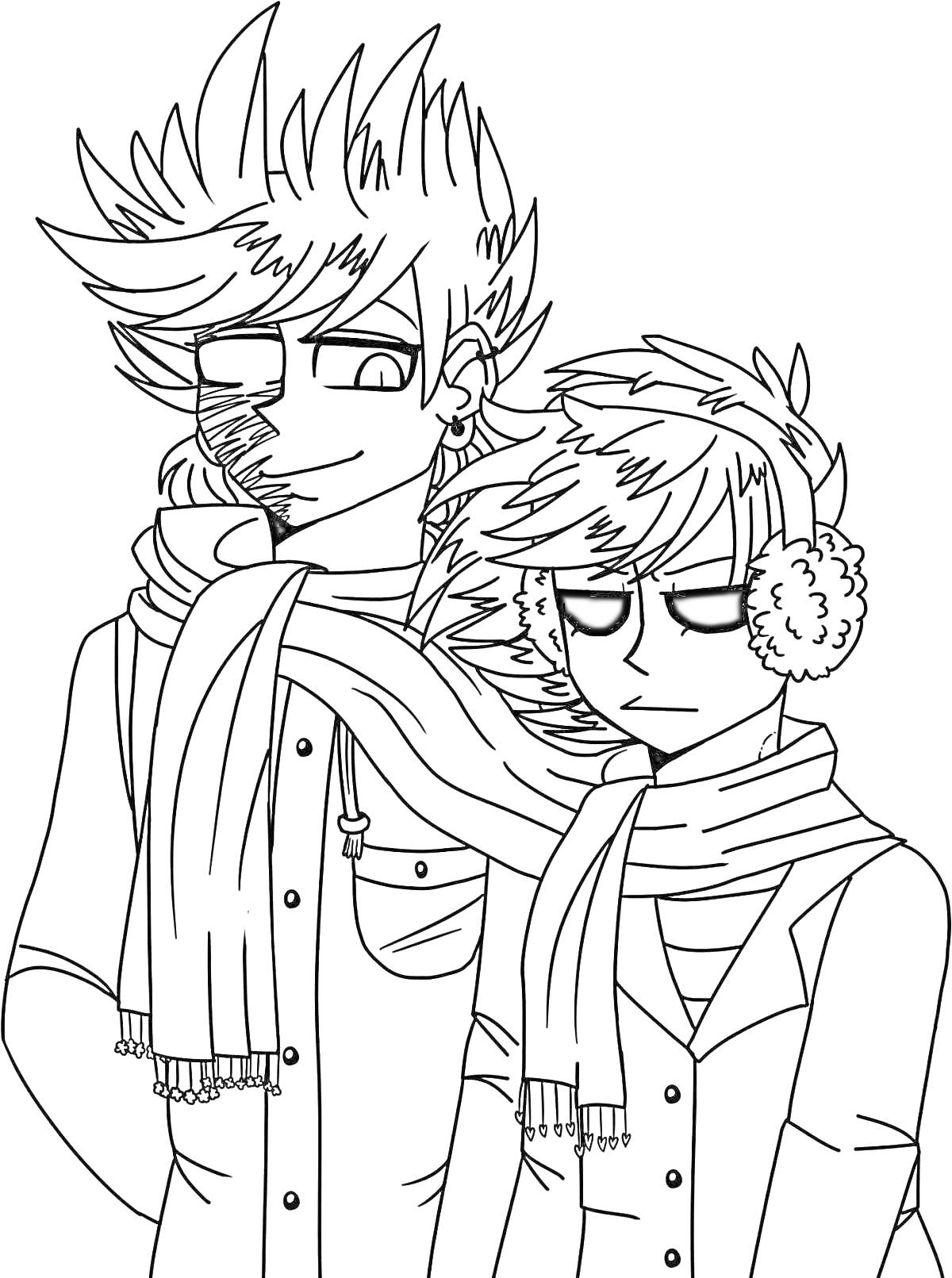 Раскраска Два персонажа в зимней одежде с шарфами и наушниками в стиле Эддсворлд