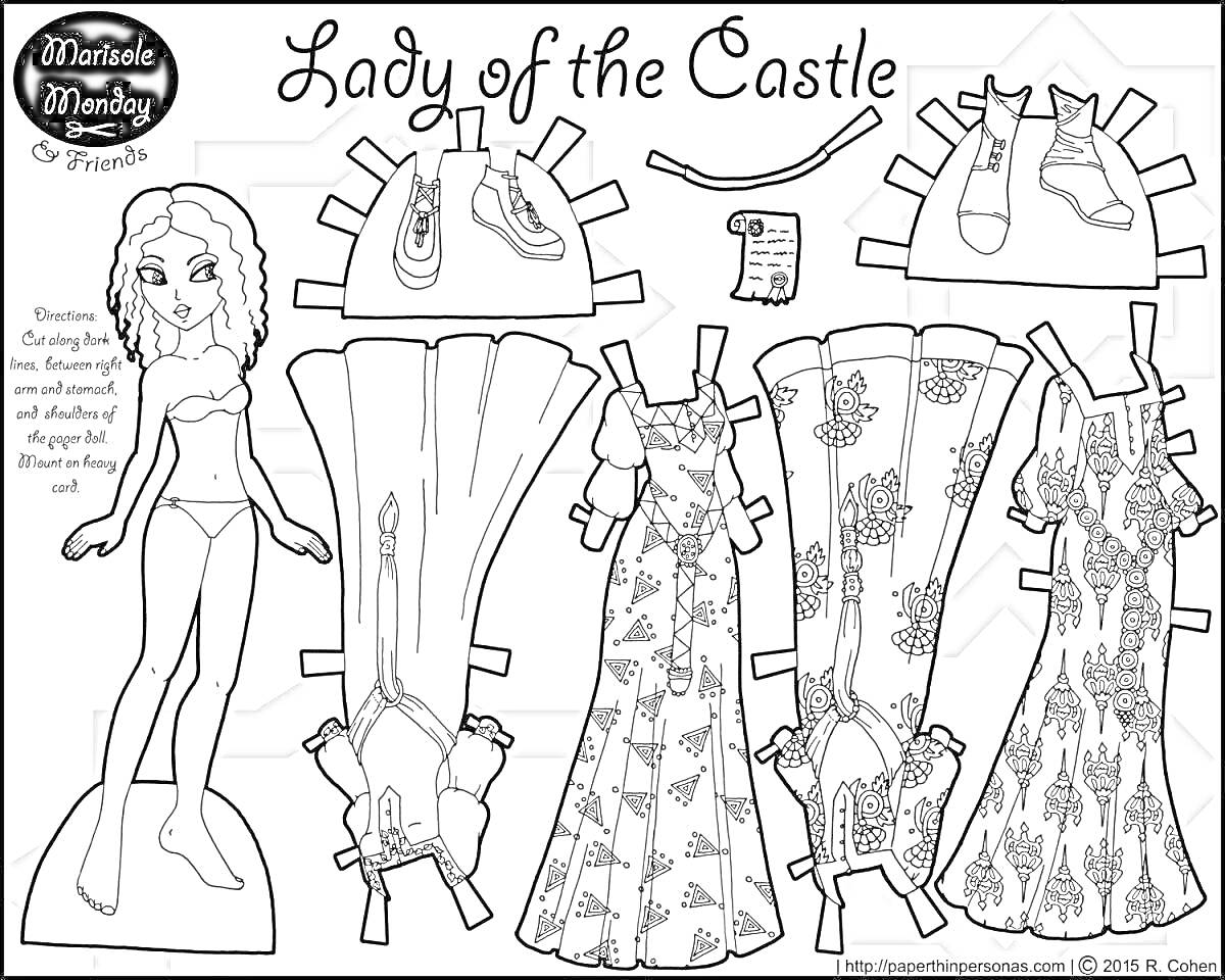 Раскраска Леди Замка: девочка с длинными волосами, три длинных платья в средневековом стиле, два головных убора, пара туфель