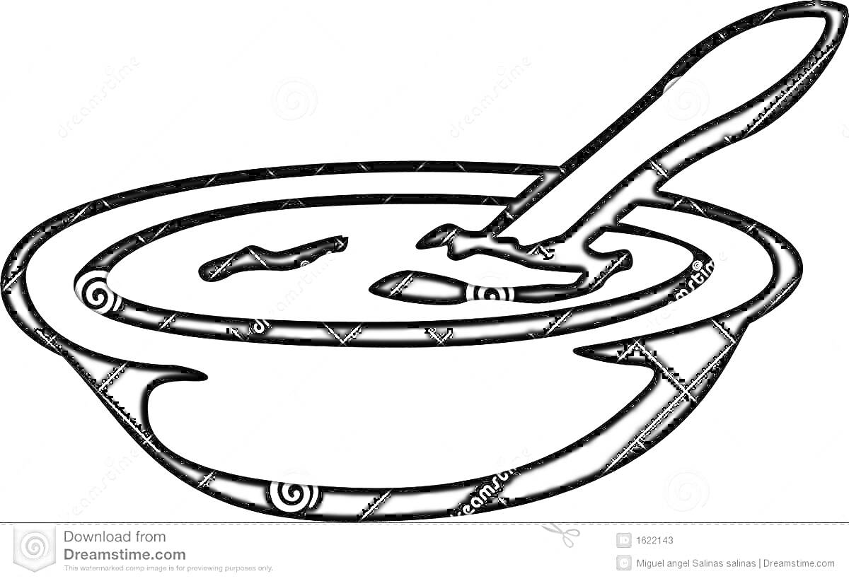 На раскраске изображено: Суп, Тарелка, Ложка, Еда, Обед, Кухонная посуда
