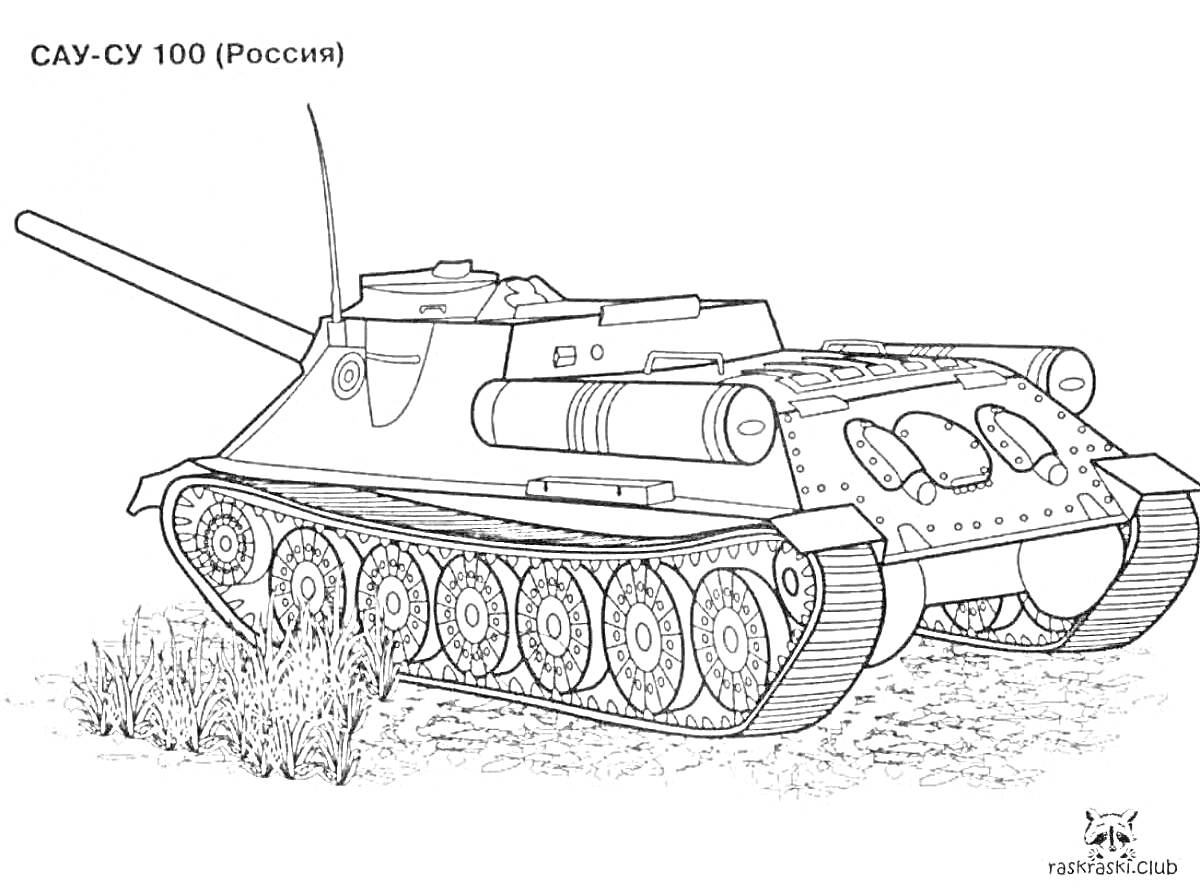 Раскраска САУ-СУ 100 среди травы (Россия), вид сбоку, виден гусеничный ход, детализированные колесные опоры, длинный ствол орудия