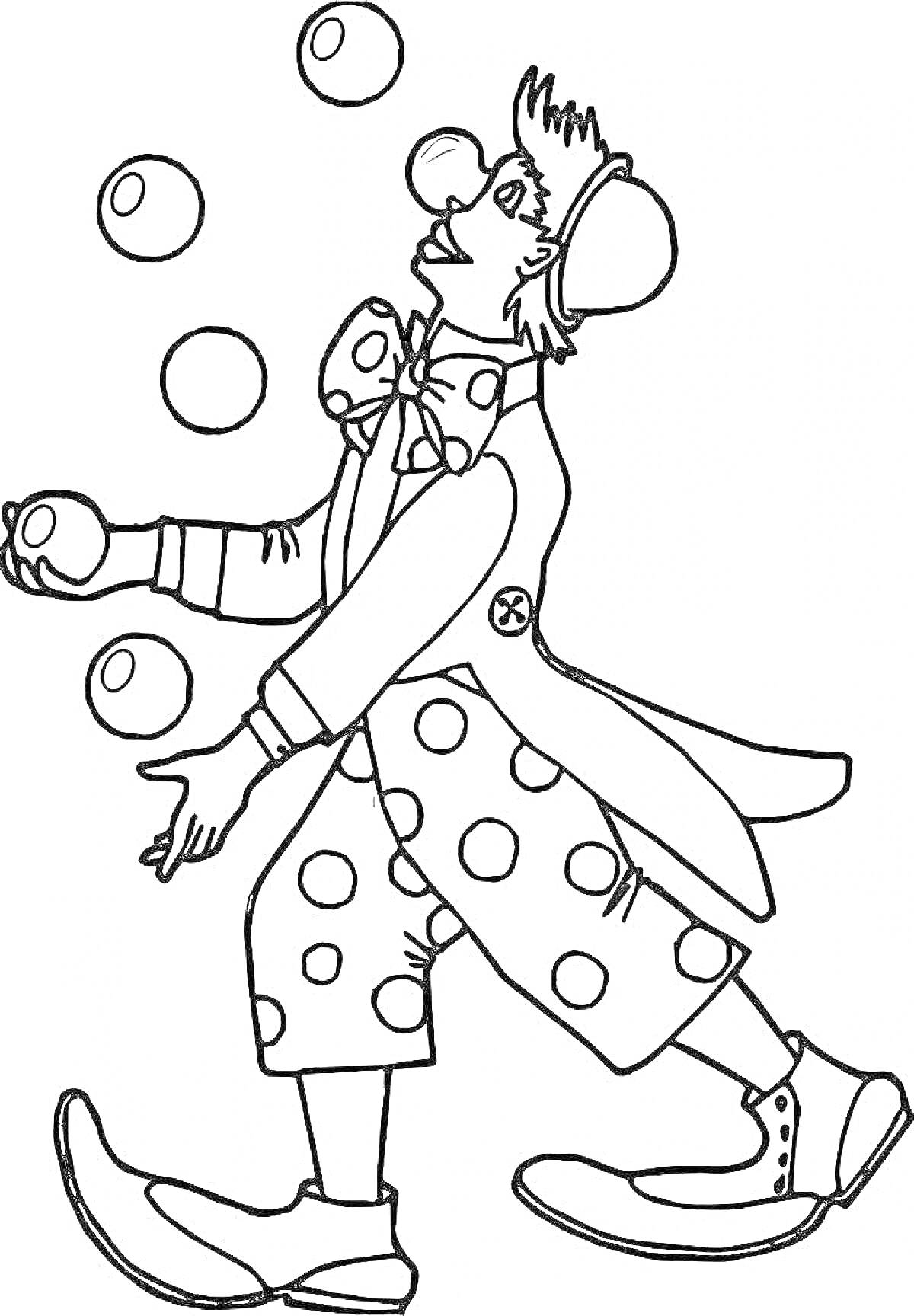На раскраске изображено: Жонглирование, Мячи, Цирк, Шляпа, Обувь, Костюм