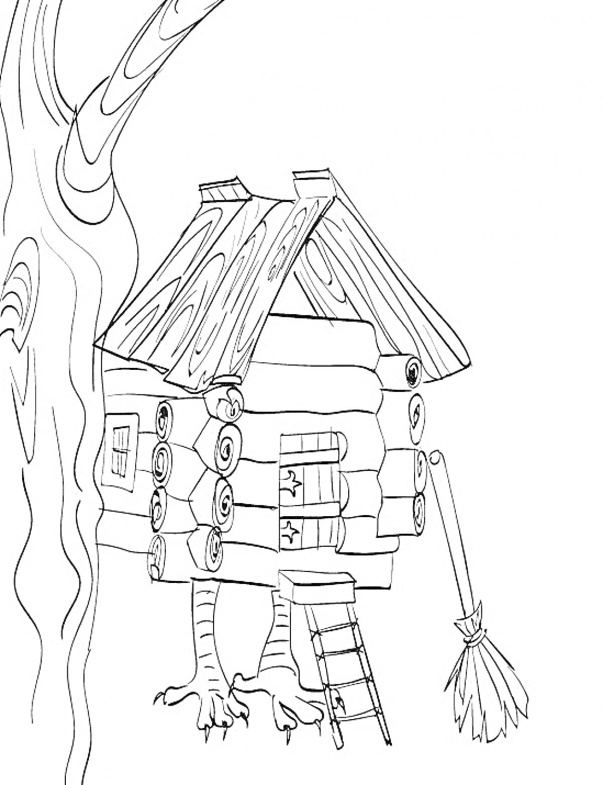 На раскраске изображено: Избушка, Курьи ножки, Лестница, Метла, Из сказок, Дом, Деревянный дом, Деревья