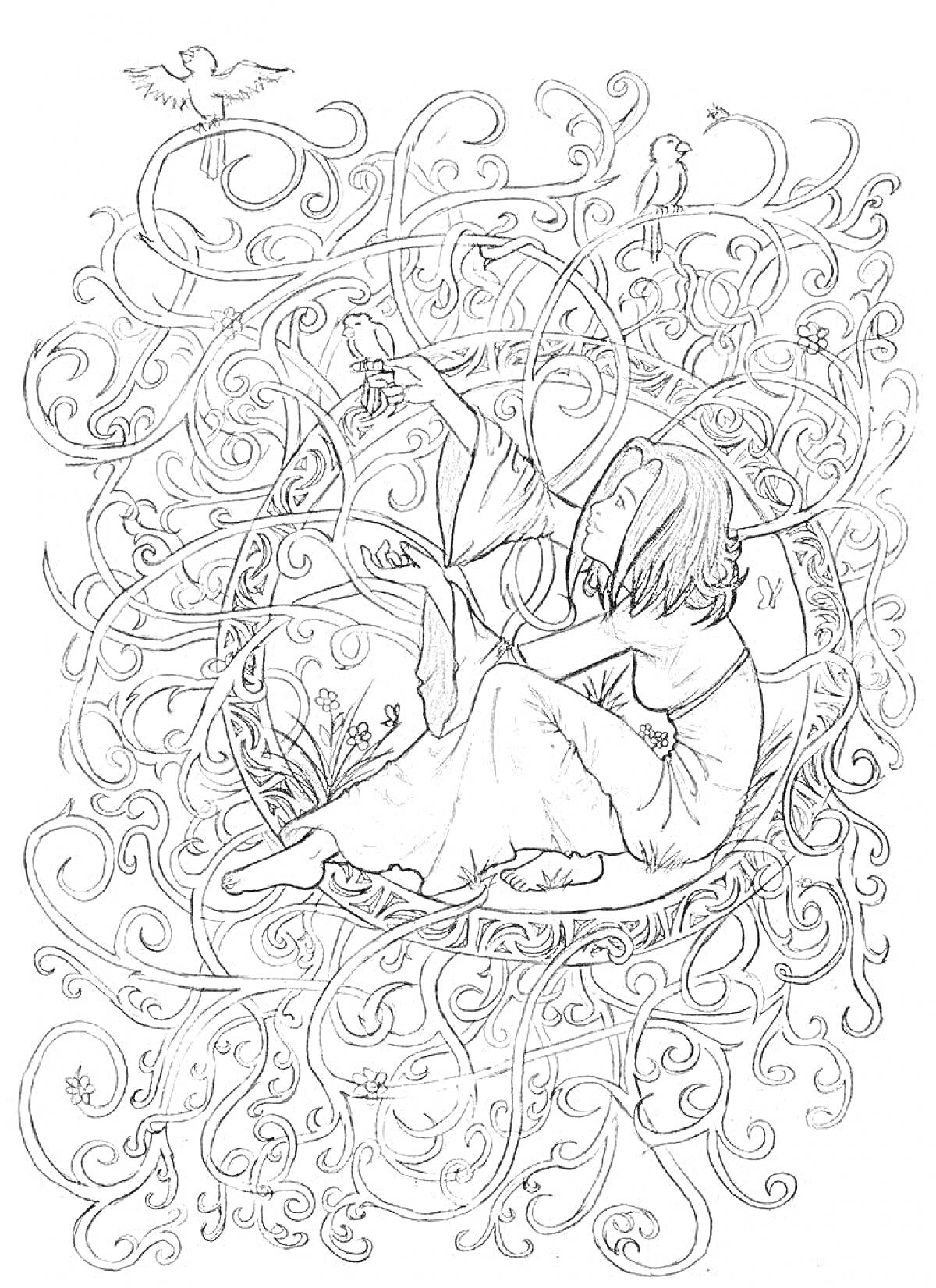 Раскраска Девочка в длинном платье среди витиеватых узоров с птицами, цветами и бабочками