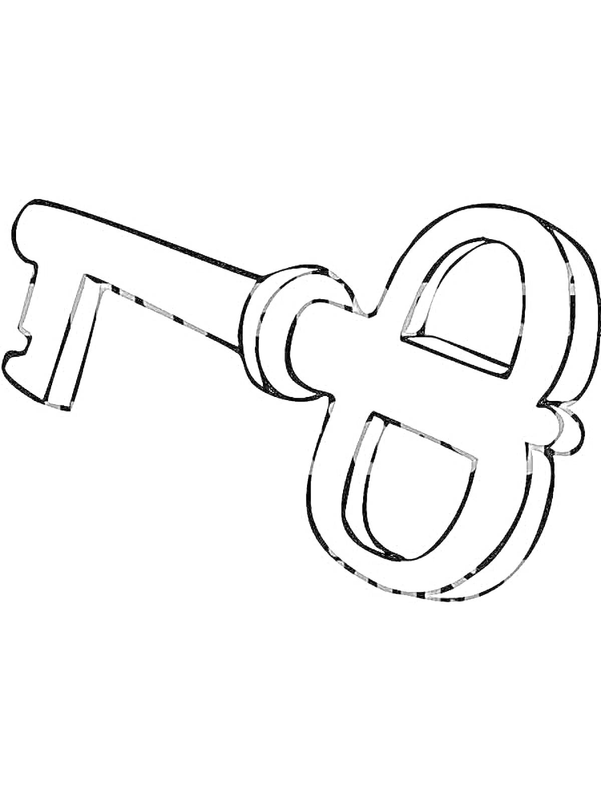 Раскраска Ключ с кольцом и кольцевым навершием внутри на черно-белом изображении