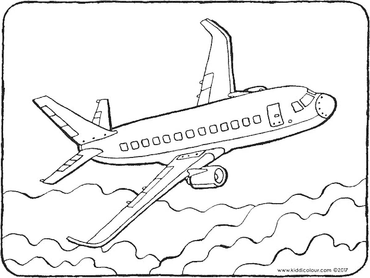 На раскраске изображено: Воздушный транспорт, Полет, Облака, Пассажирский самолет, Небо