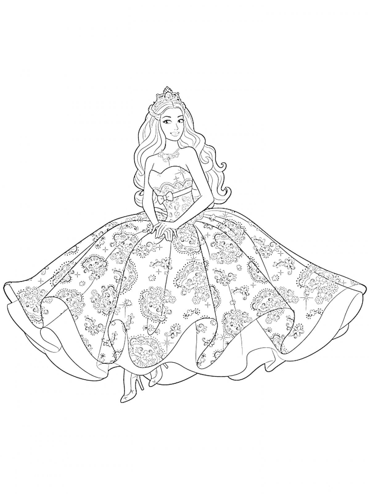 На раскраске изображено: Барби, Бальное платье, Диадема, Длинные волосы