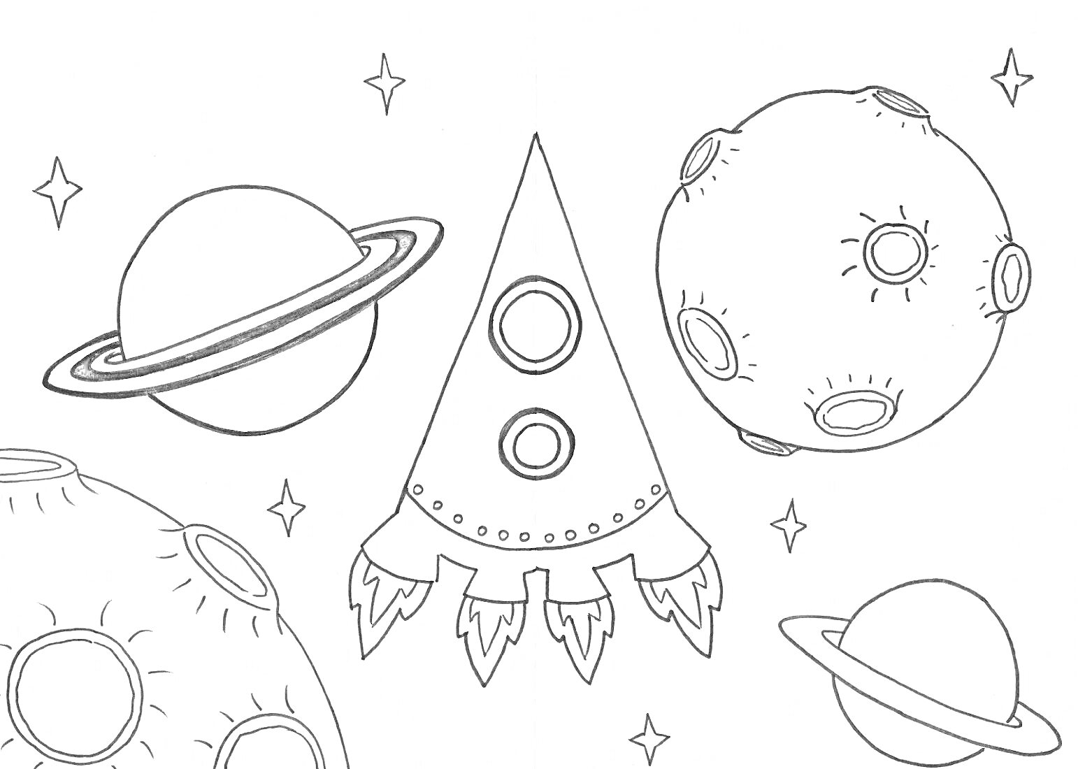 На раскраске изображено: Космос, Ракета, Луна, Планеты, Звезды, 1 класс