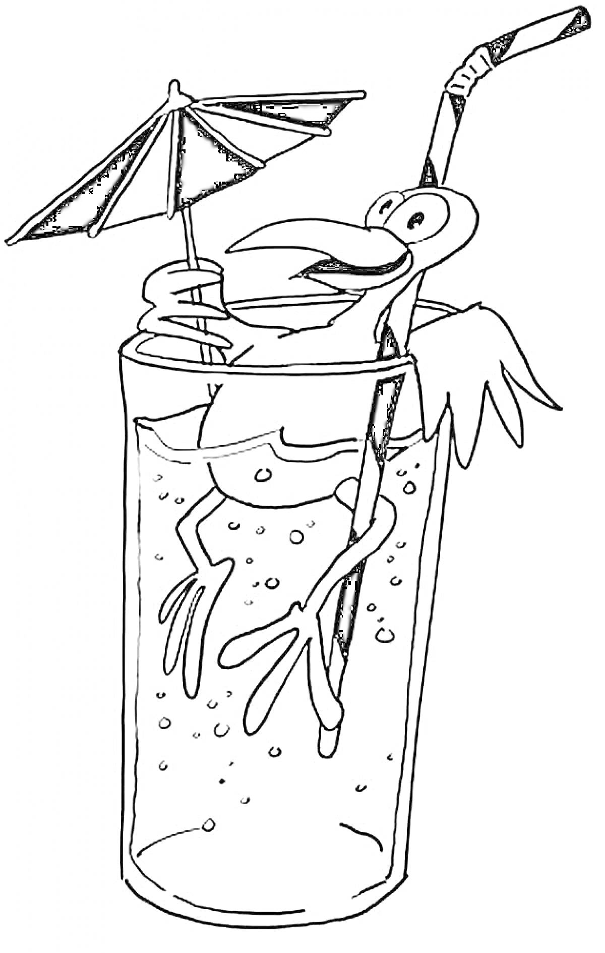 На раскраске изображено: Стакан, Напиток, Птица, Зонт, Пузыри, Трубочки