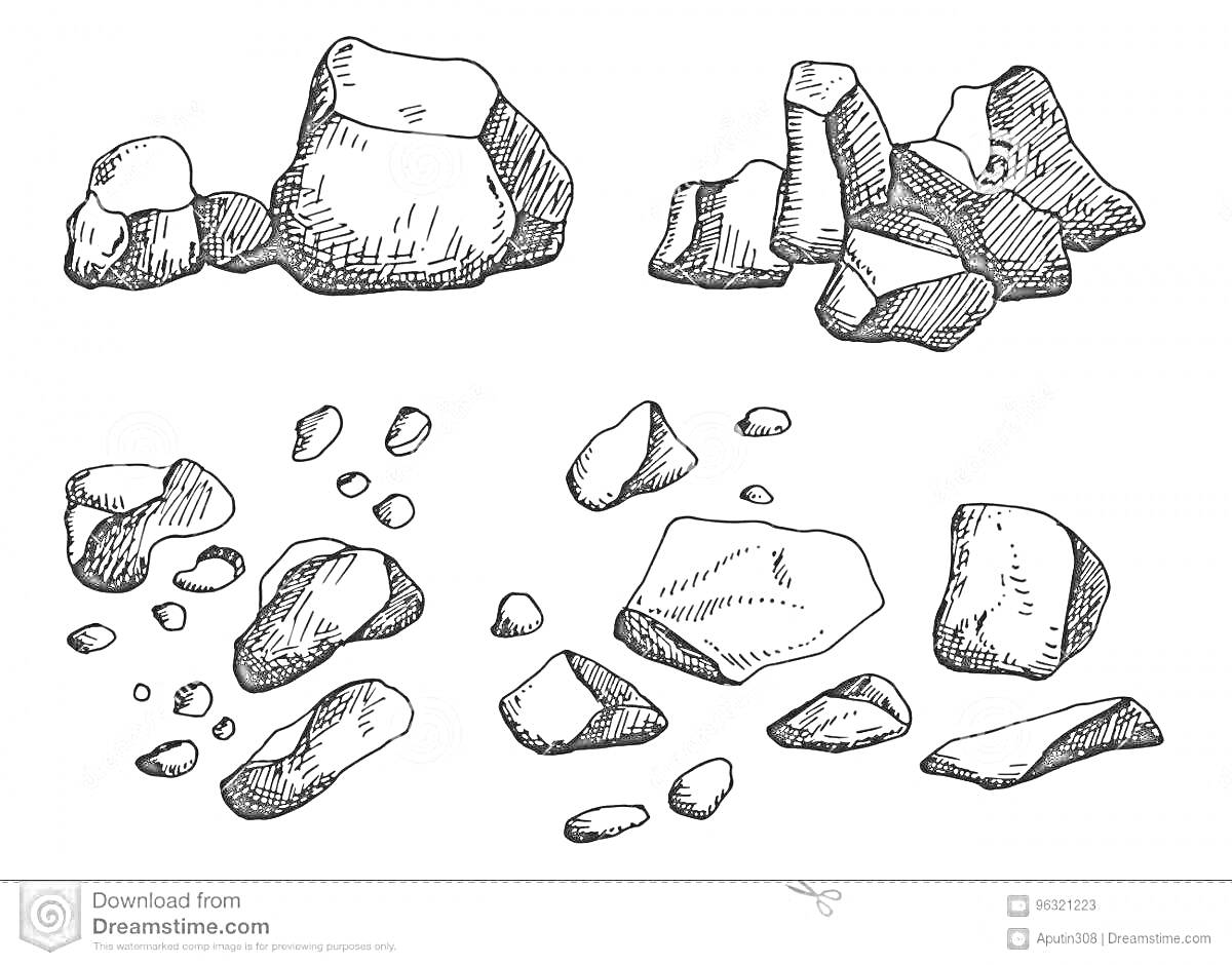 Раскраска Разные виды камней и булыжников, включает крупные и мелкие камни, скопления камней