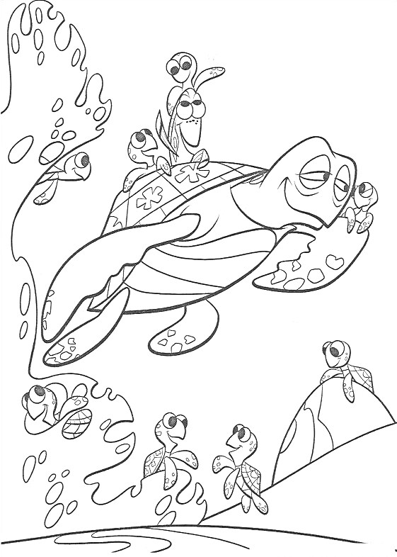 На раскраске изображено: Черепаха, Море, Подводный мир, Плавание, В поисках Немо, Волны, Из мультфильмов
