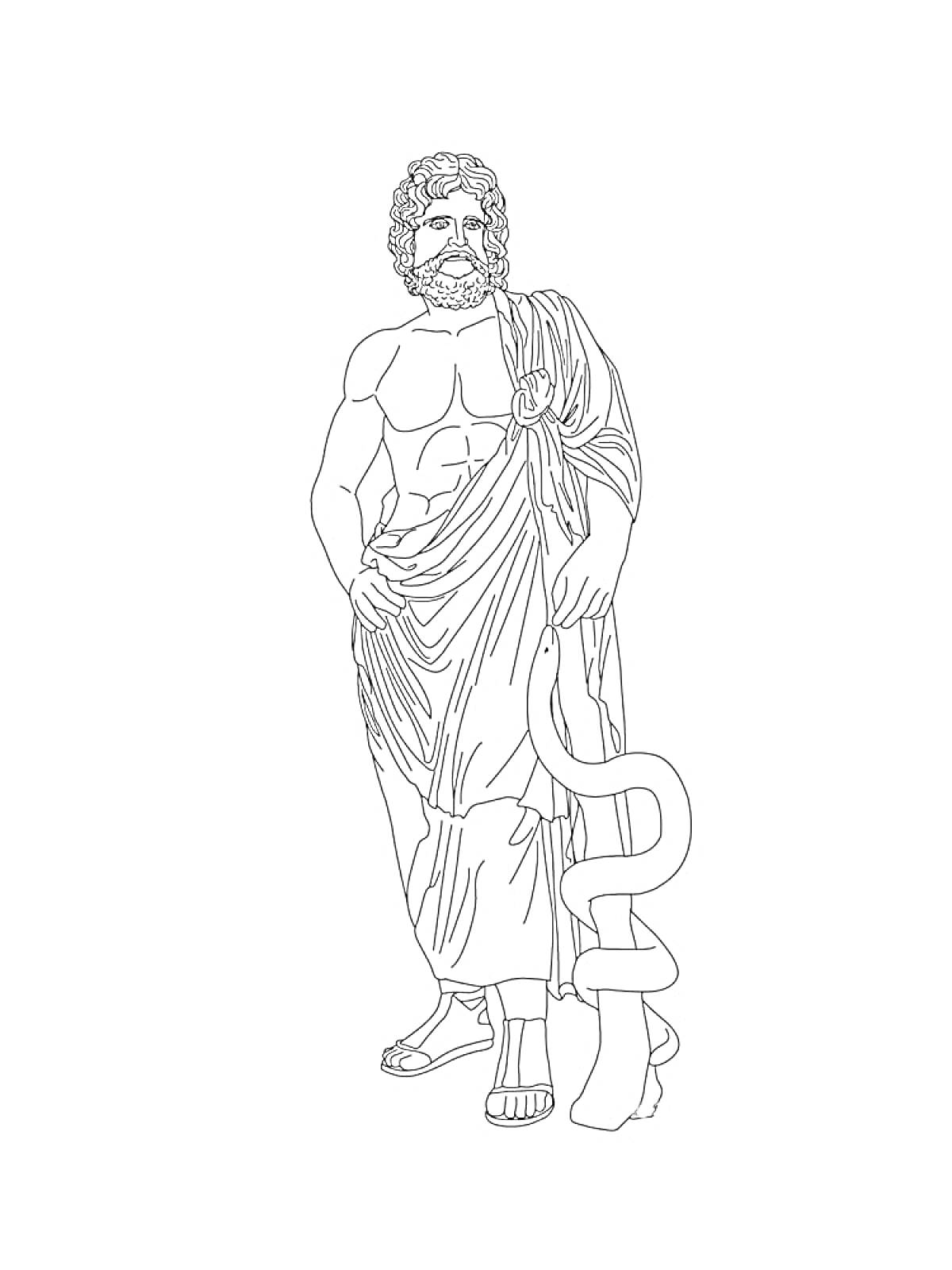 Раскраска Бог древней Греции с бородой, в одеянии, с длинным посохом, вокруг которого обвита змея, сандалии