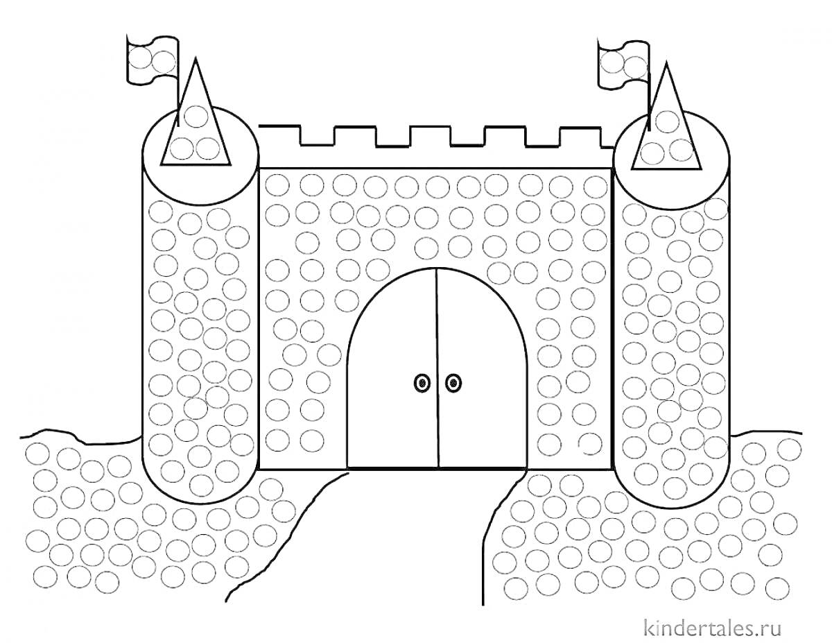 На раскраске изображено: Замок, Башни, Ворота, Круги, Ватные палочки