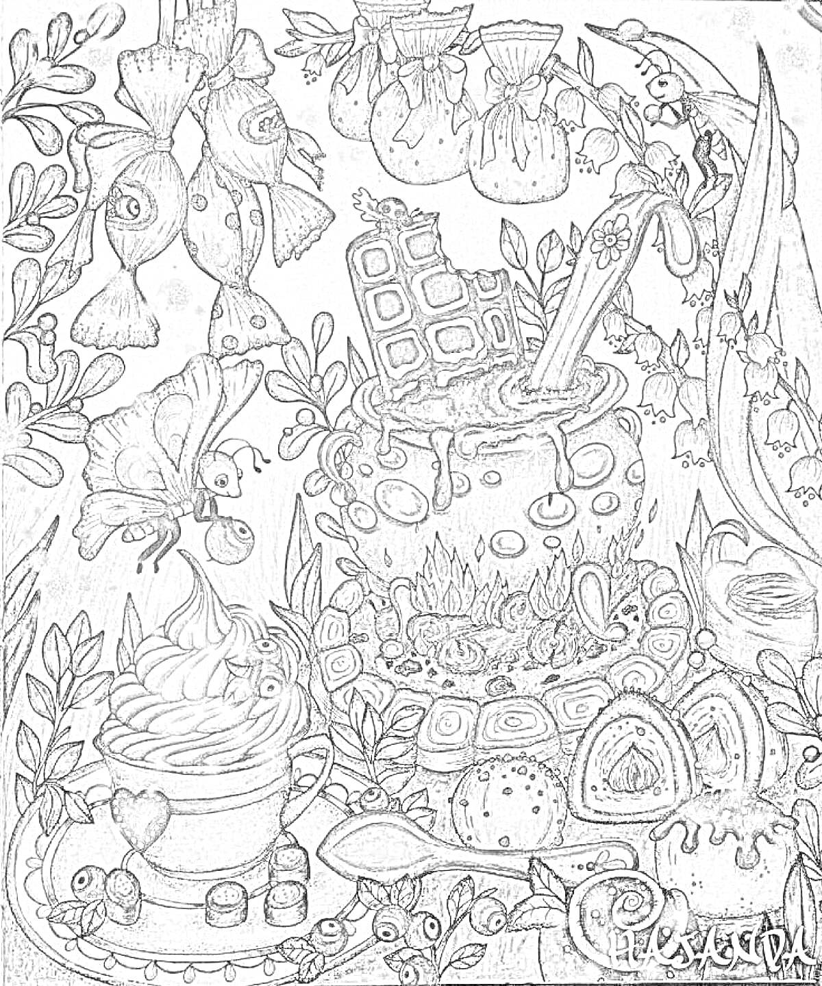 Раскраска Волшебный натюрморт с цветами, бабочками, кружкой с мороженым, чашкой с горячим шоколадом, плиткой шоколада, ягодами и листьями
