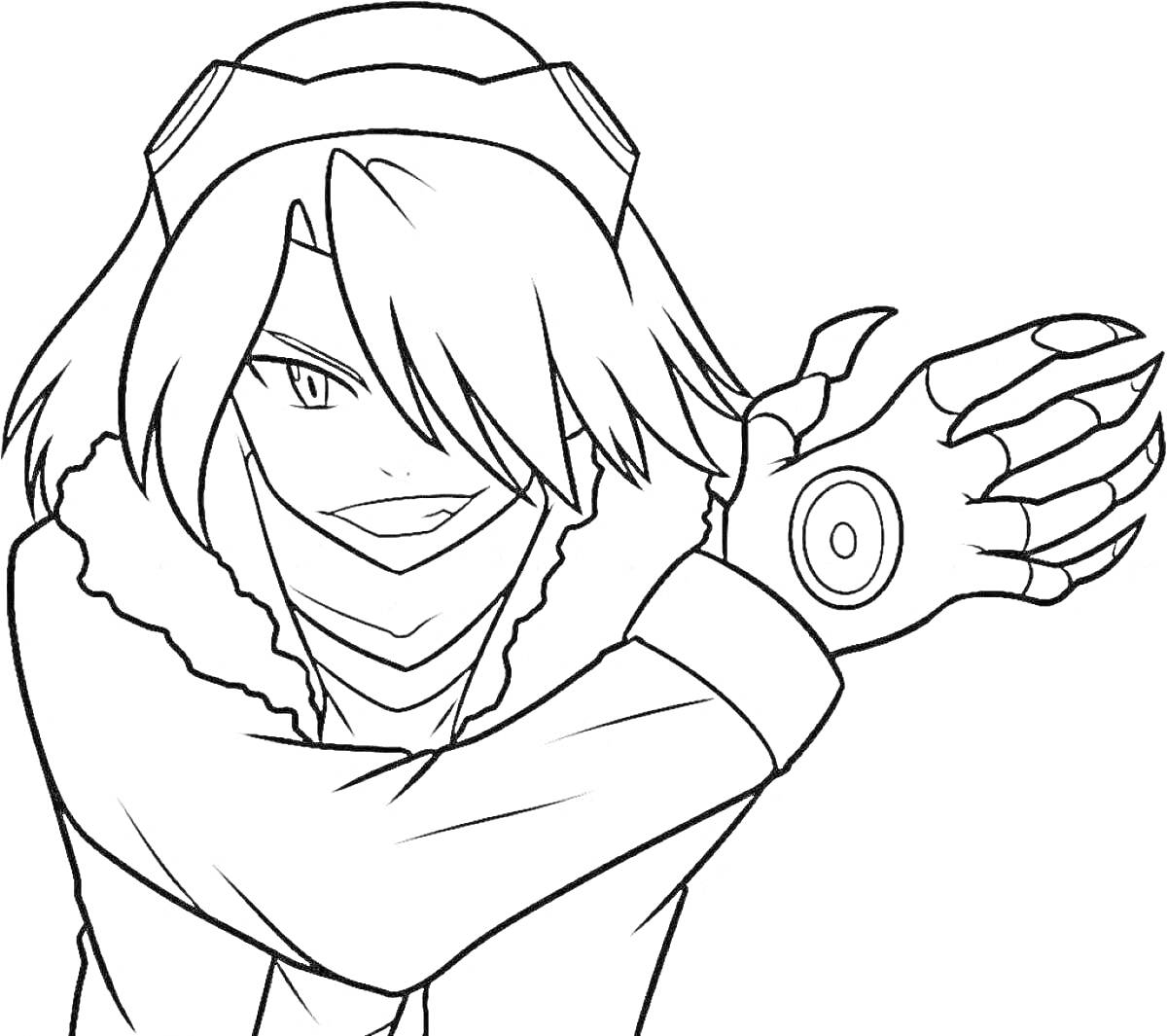 Аниме персонаж-убийца в плаще с меховым воротником, героем с длинными волосами, тайным оружием на руке