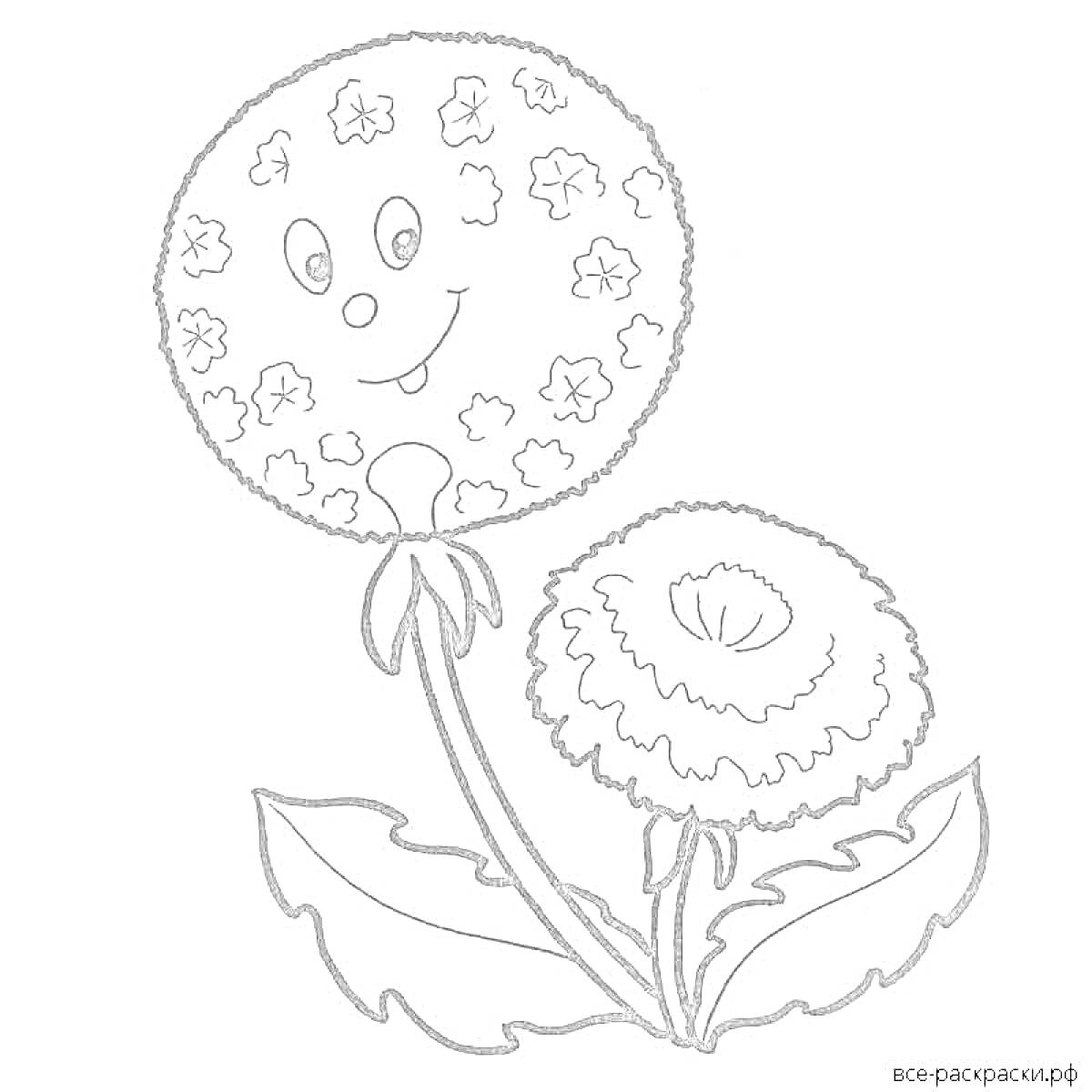 Раскраска Одуванчик с лицом и цветком, листья