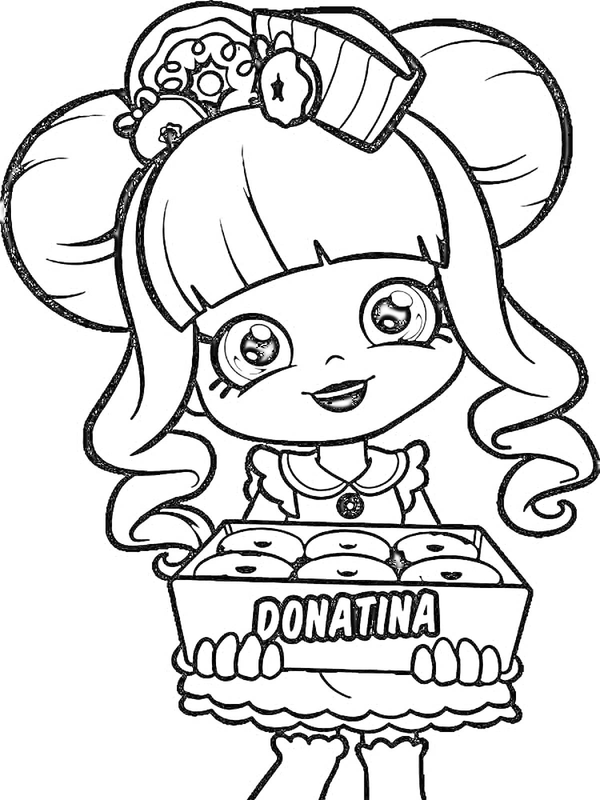 Раскраска Девочка с пирожным в волосах, держит коробку с пончиками 