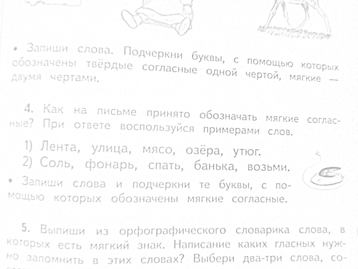 На раскраске изображено: Русский язык, 1 класс, Мягкие согласные, Орфография, Примеры слов