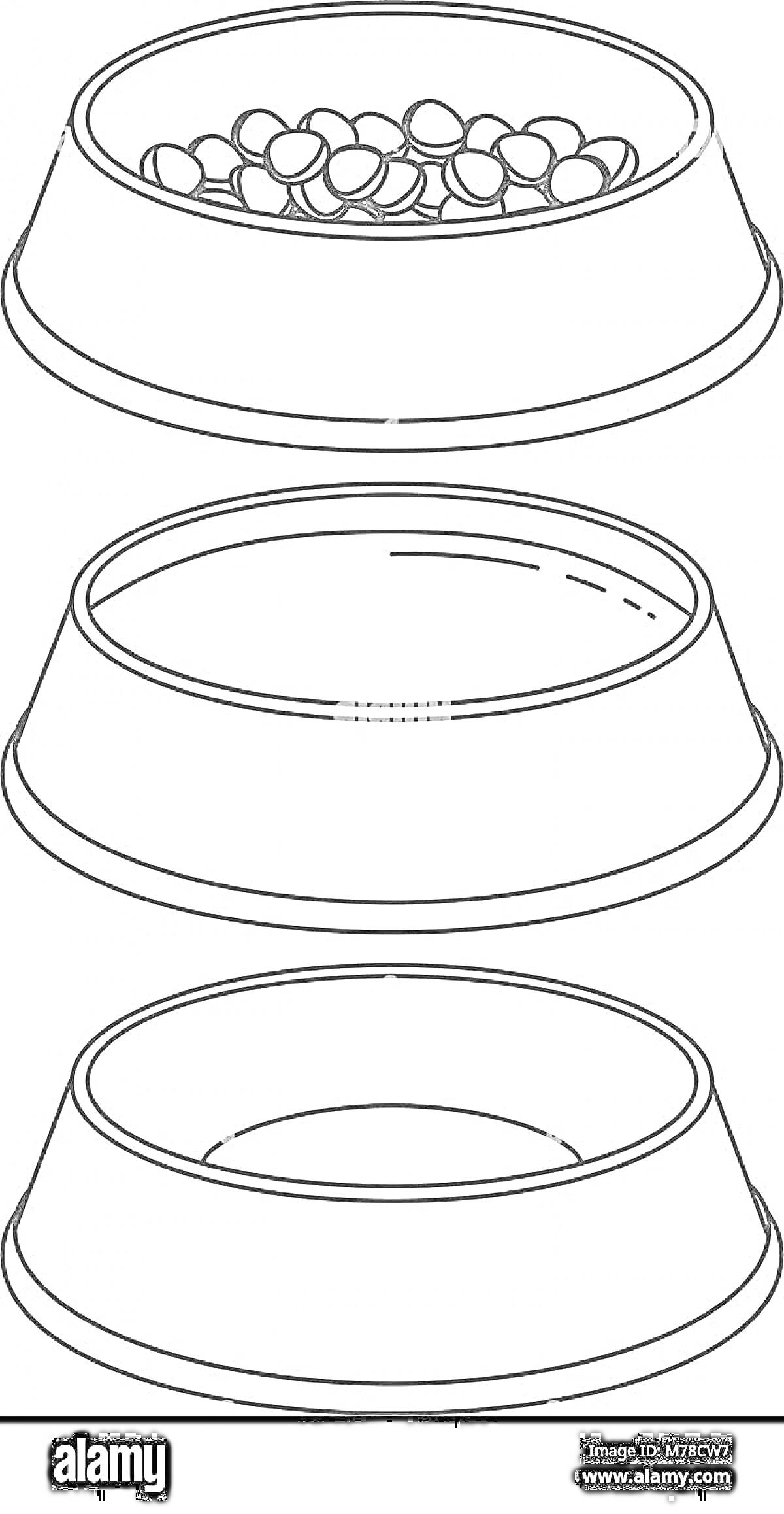 Раскраска три миски для кошачьего корма: с сухим кормом, пустая, и пустая миска без бортика внутри