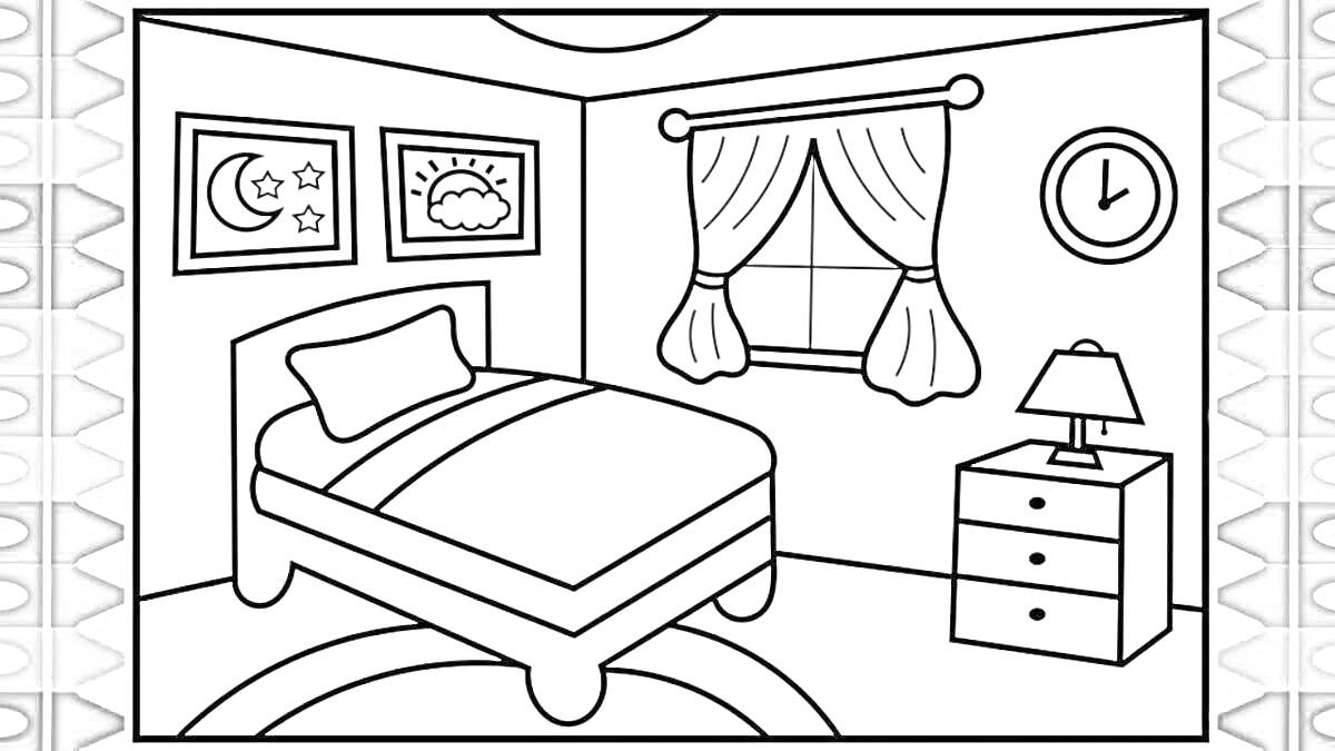 РаскраскаКомната с кроватью, картинами, окном, тумбочкой с лампой и настенными часами