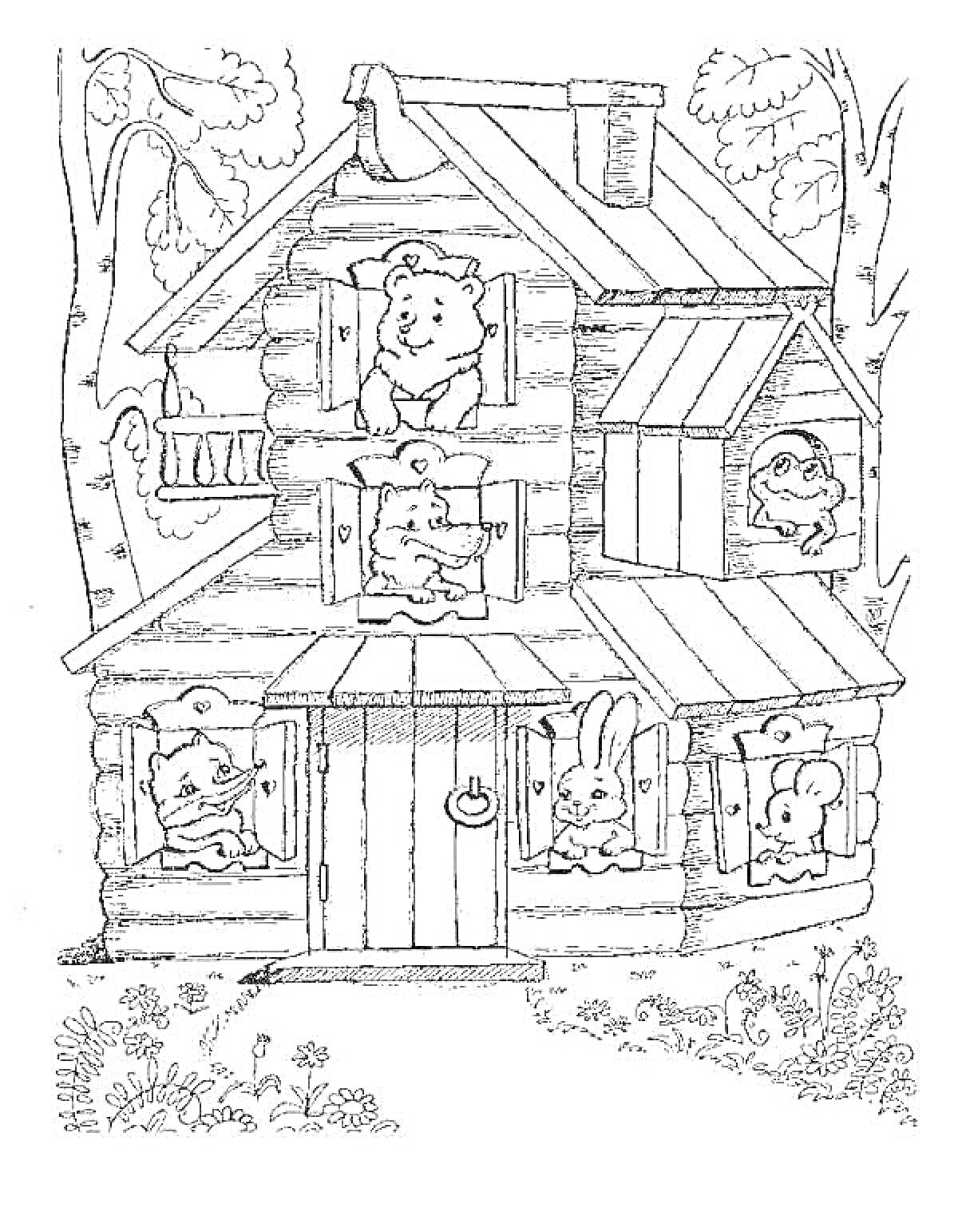 Раскраска Теремок с зверятами: медведь, волк, лягушка, мышка, заяц и ежик в окнах