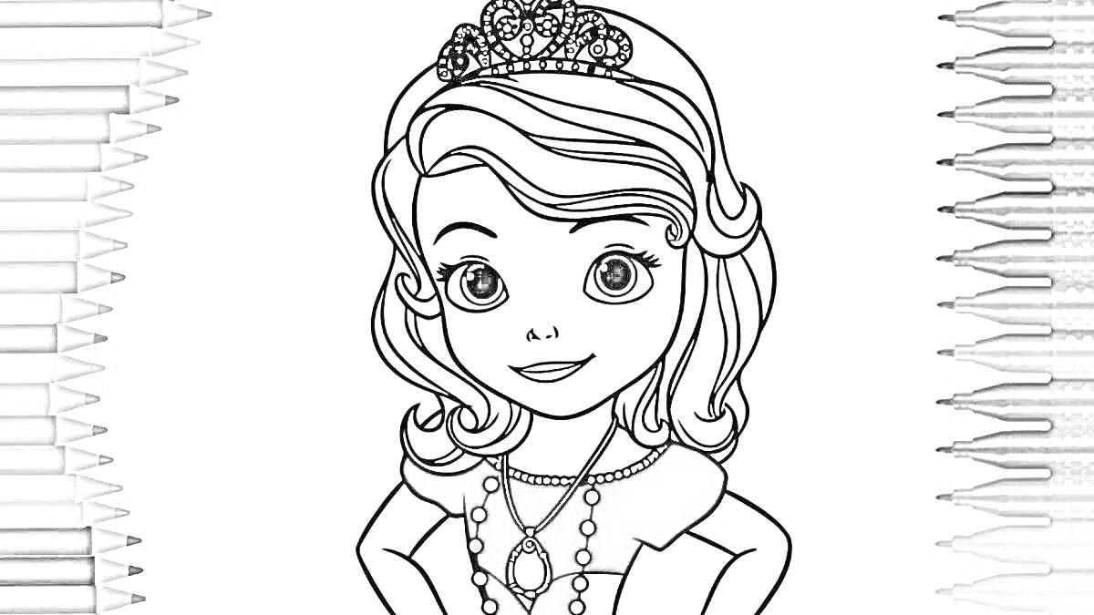 Раскраска Девочка-принцесса с тиарой и украшениями, раскраска с цветными карандашами по бокам