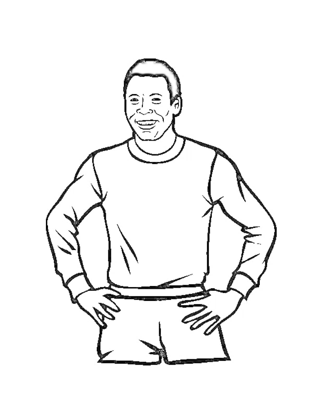 На раскраске изображено: Футбольная форма, Спортсмен, Футболист, Человек, Спорт, Руки на бедрах
