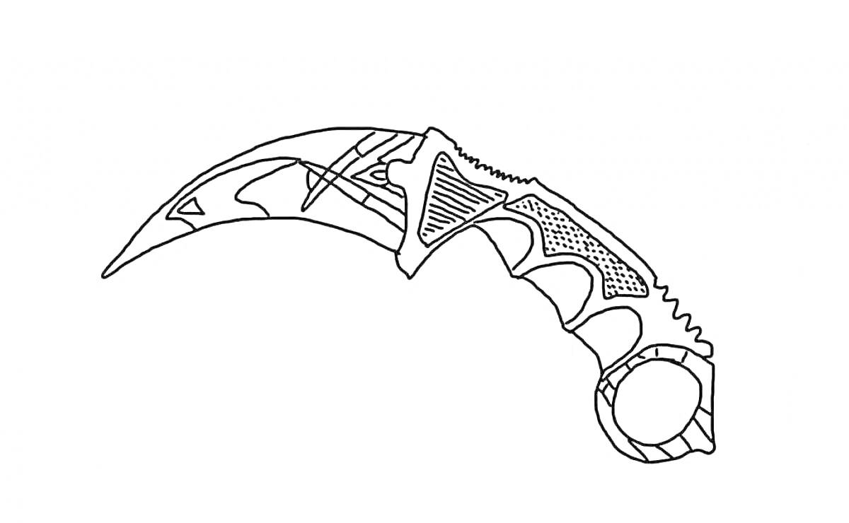 Нож керамбит с декоративными узорами и кольцом на рукоятке