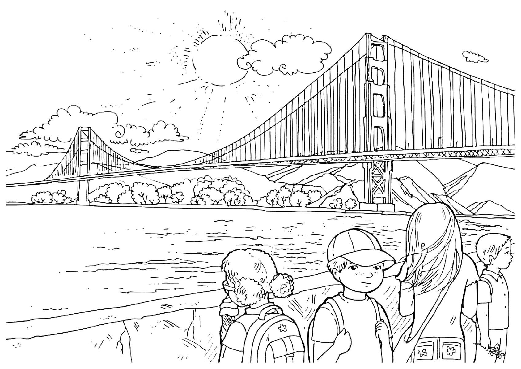 Раскраска Дети на прогулке возле подвесного моста, холмы, река, солнце и облака на небе