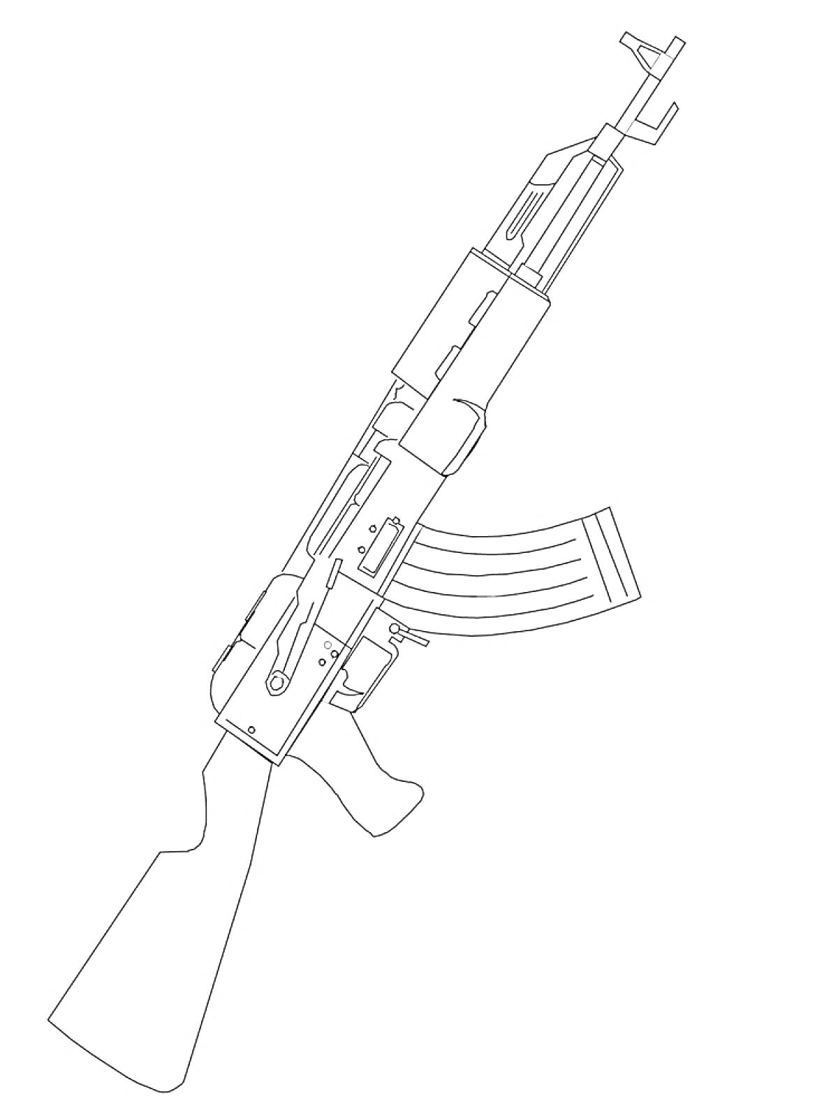 Раскраска Автомат Калашникова с прикладом, прицелом, магазином и стволом