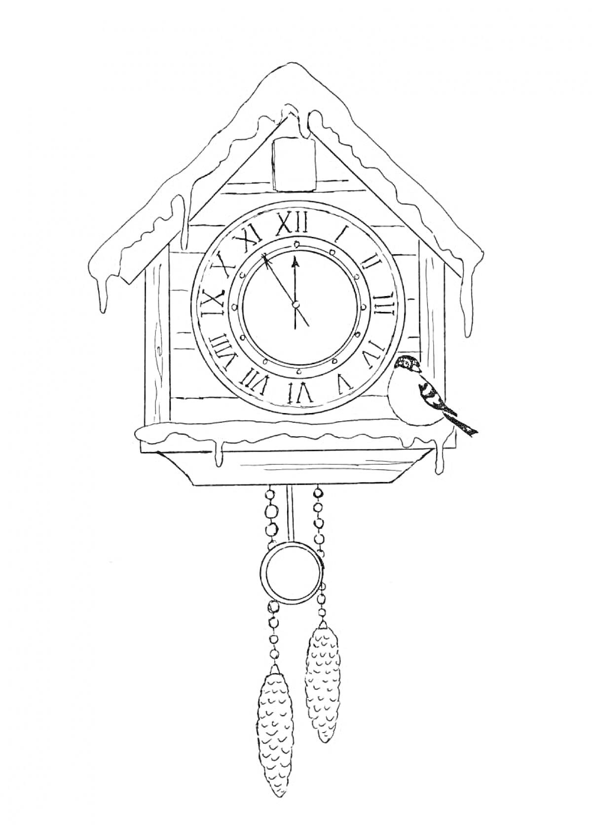 На раскраске изображено: Часы, Кукушка, Сосновые шишки, Снег, Крыша, Римские цифры, Зима