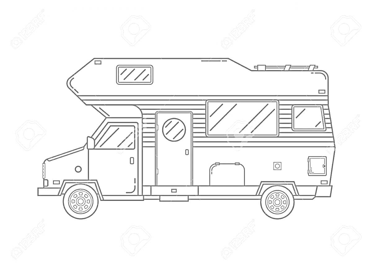 Раскраска Фургон-дом на колесах с окнами, дверью, крышей и колесами