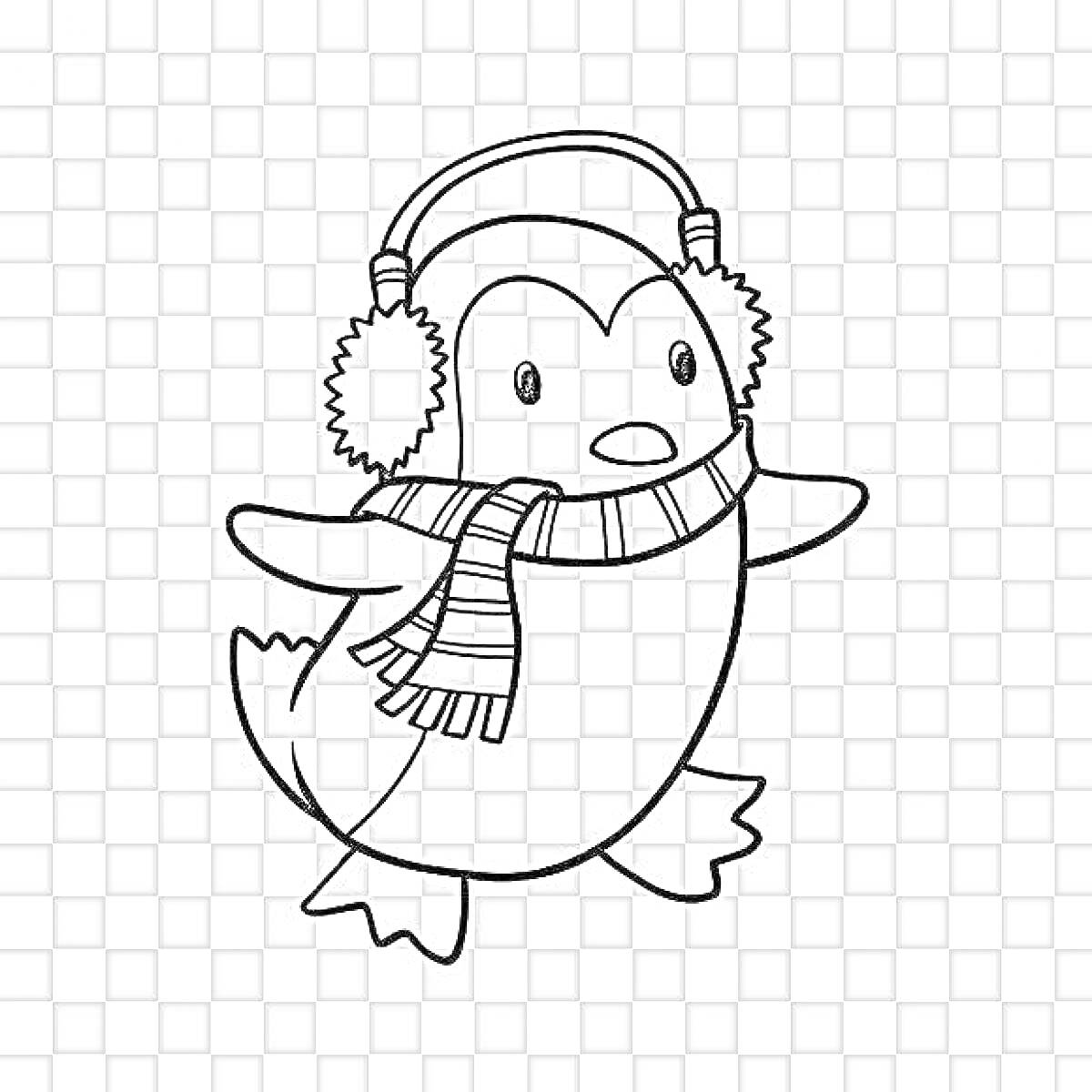 Раскраска Пингвин в наушниках и шарфе