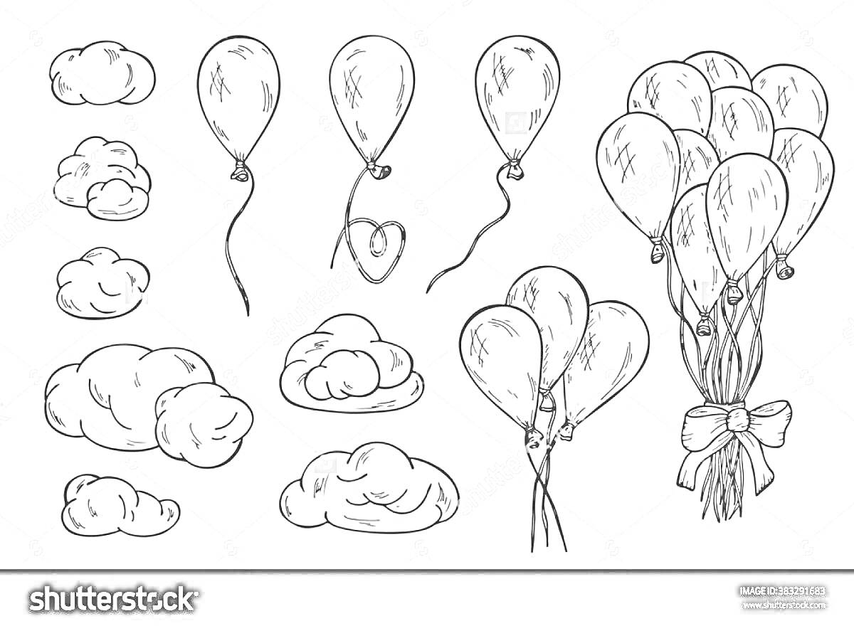 На раскраске изображено: Воздушные шары, Связка шаров, Облака, Облачка, Для детей