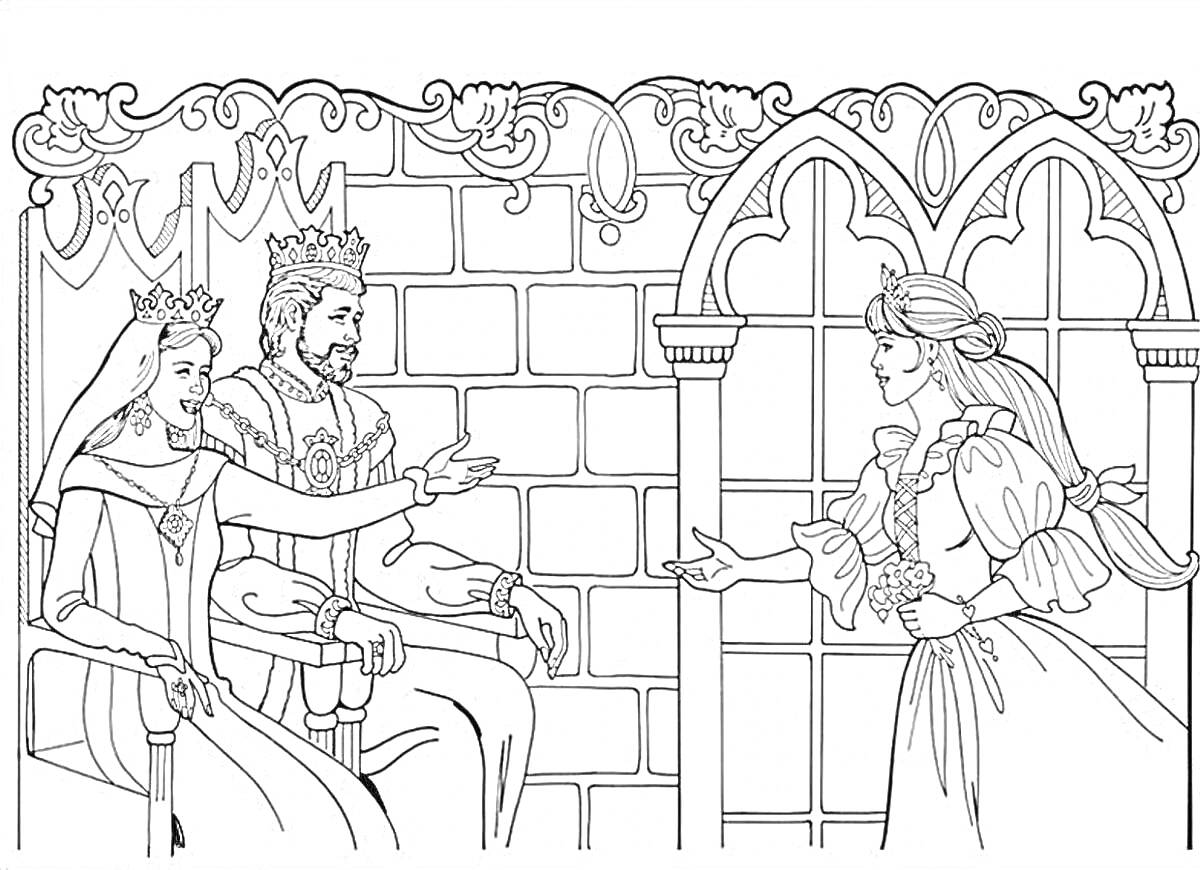На раскраске изображено: Король, Королева, Принцесса, Стена, Крепость, Трон, Колонны, Беседа, Из сказок, Окна, Корона