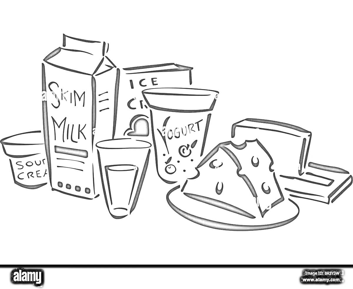 Раскраска Молочные продукты: обезжиренное молоко, сметана, стакан молока, мороженое, йогурт, сыр, масло