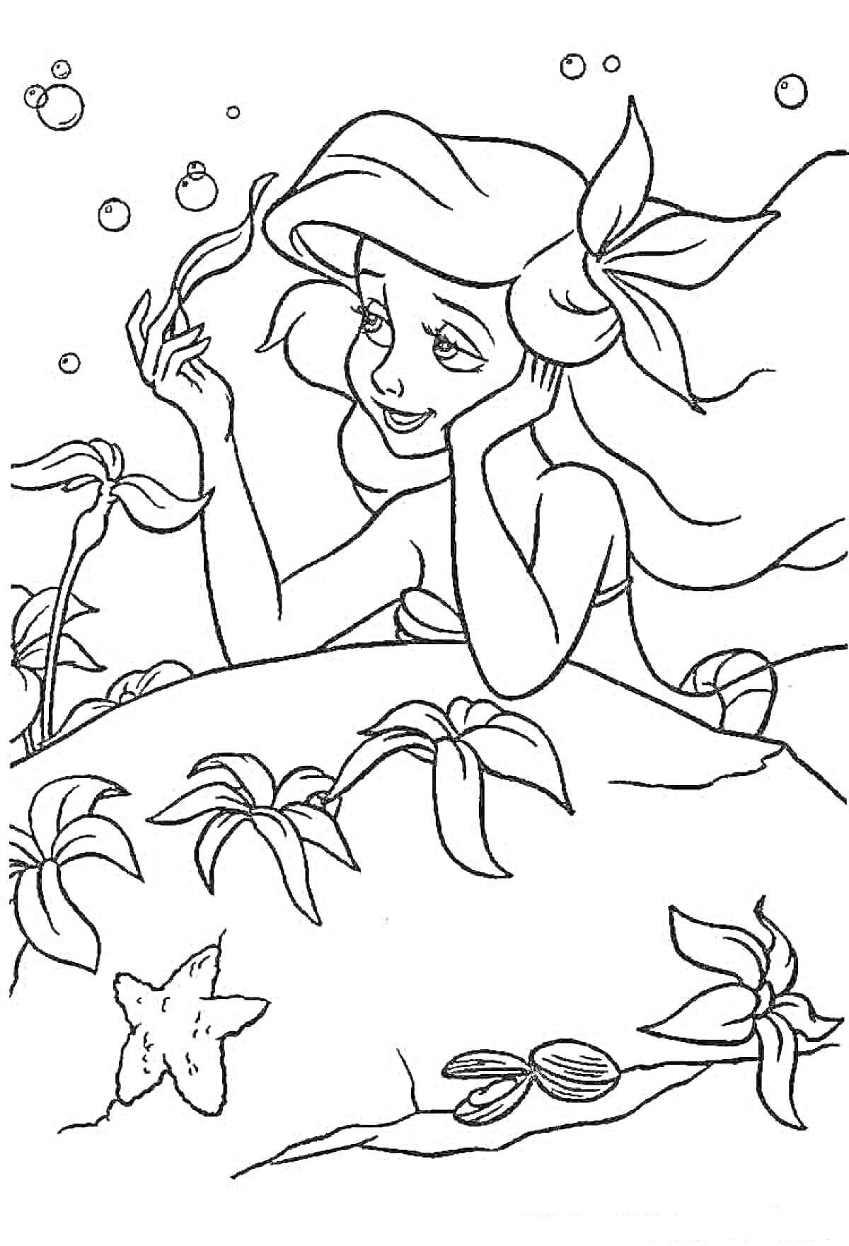 РаскраскаАриэль русалочка с растениями, морскими звездами и ракушками под водой