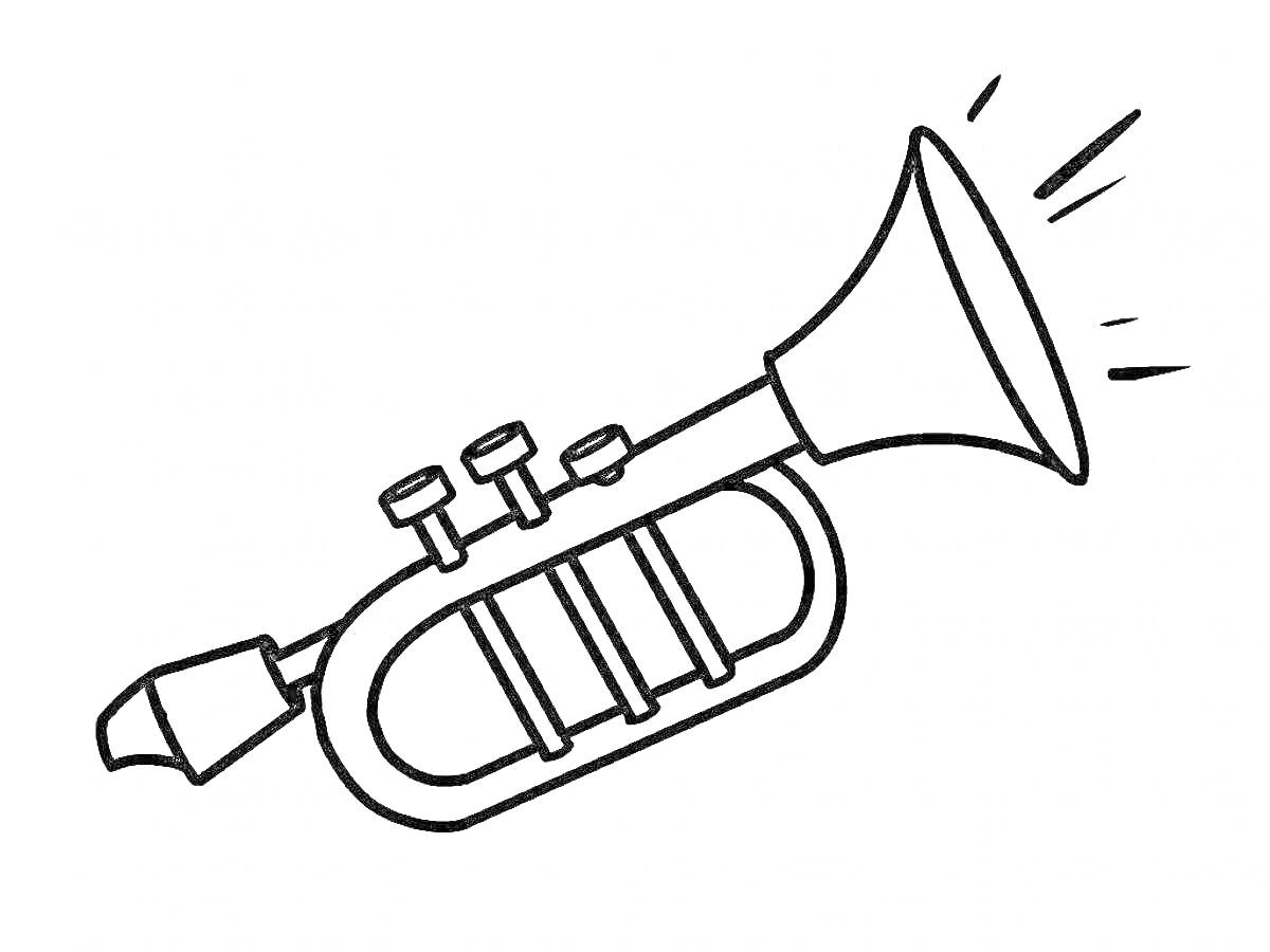 На раскраске изображено: Труба, Музыкальный инструмент, Клапаны, Звуки, Контурные рисунки