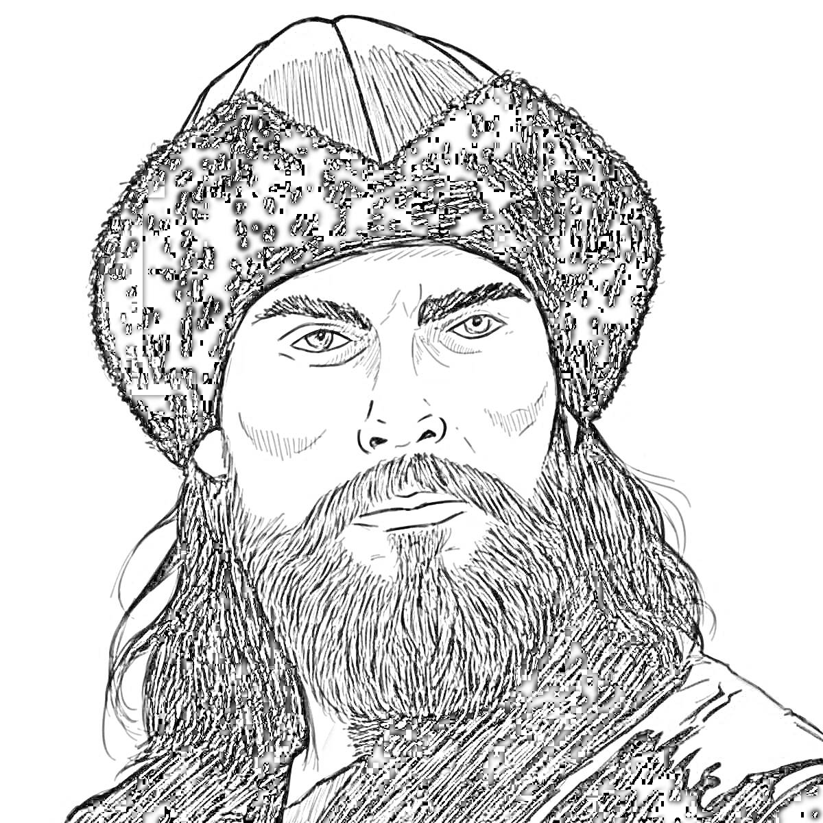На раскраске изображено: Эртугрул, Меховая шапка, Борода, Длинные волосы, Мужчина, Исторический персонаж