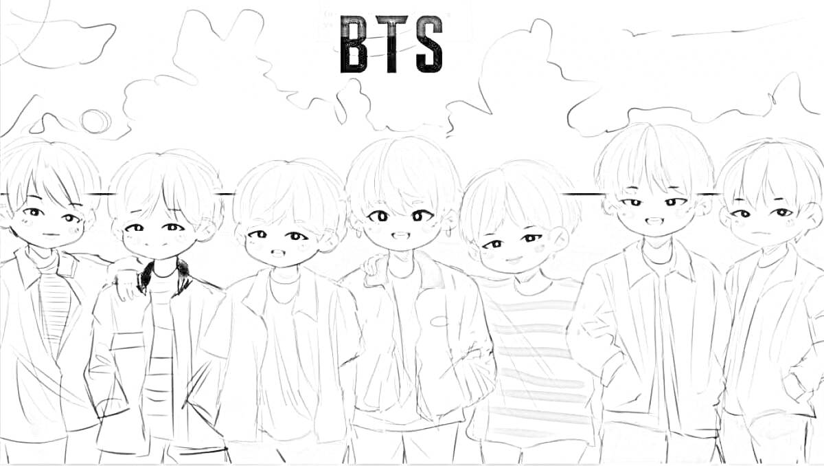 Раскраска BTS - рисунок из семи персонажей в одежде, надпись BTS сверху, облака на заднем плане