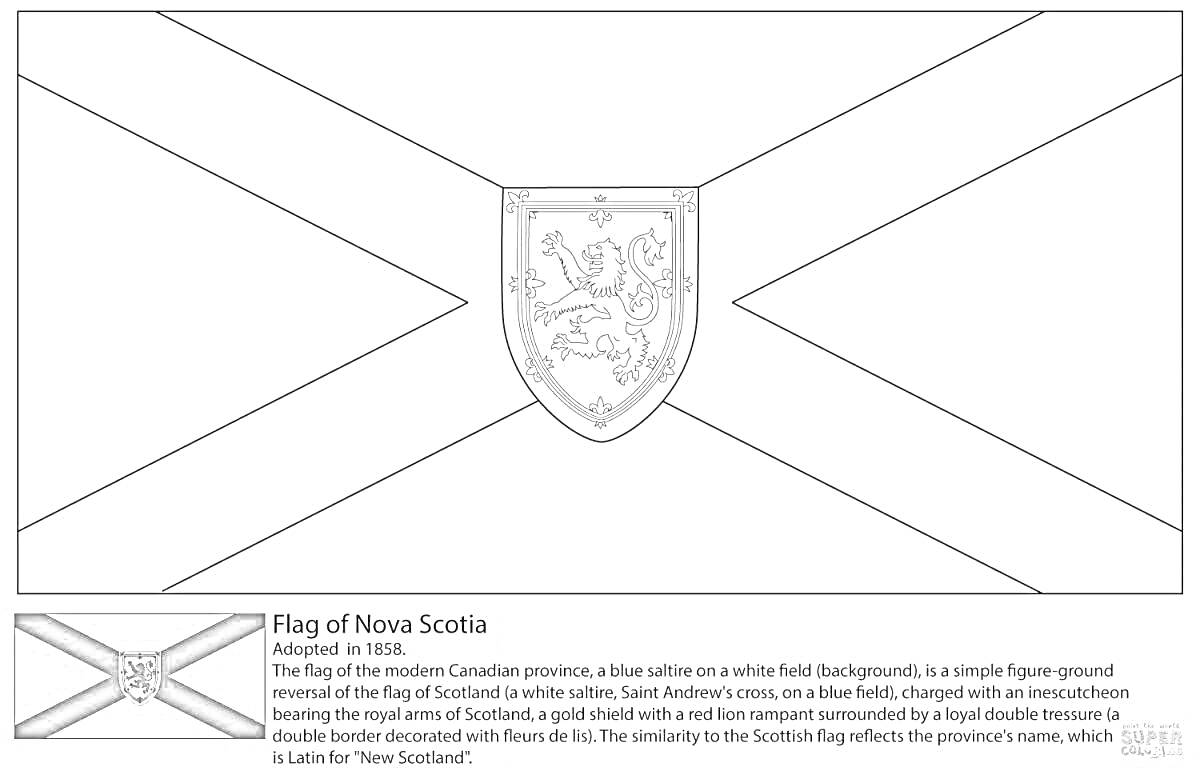 Раскраска Флаг Новой Шотландии с изображением герба на белом фоне и синим крестом Андрея Первозванного