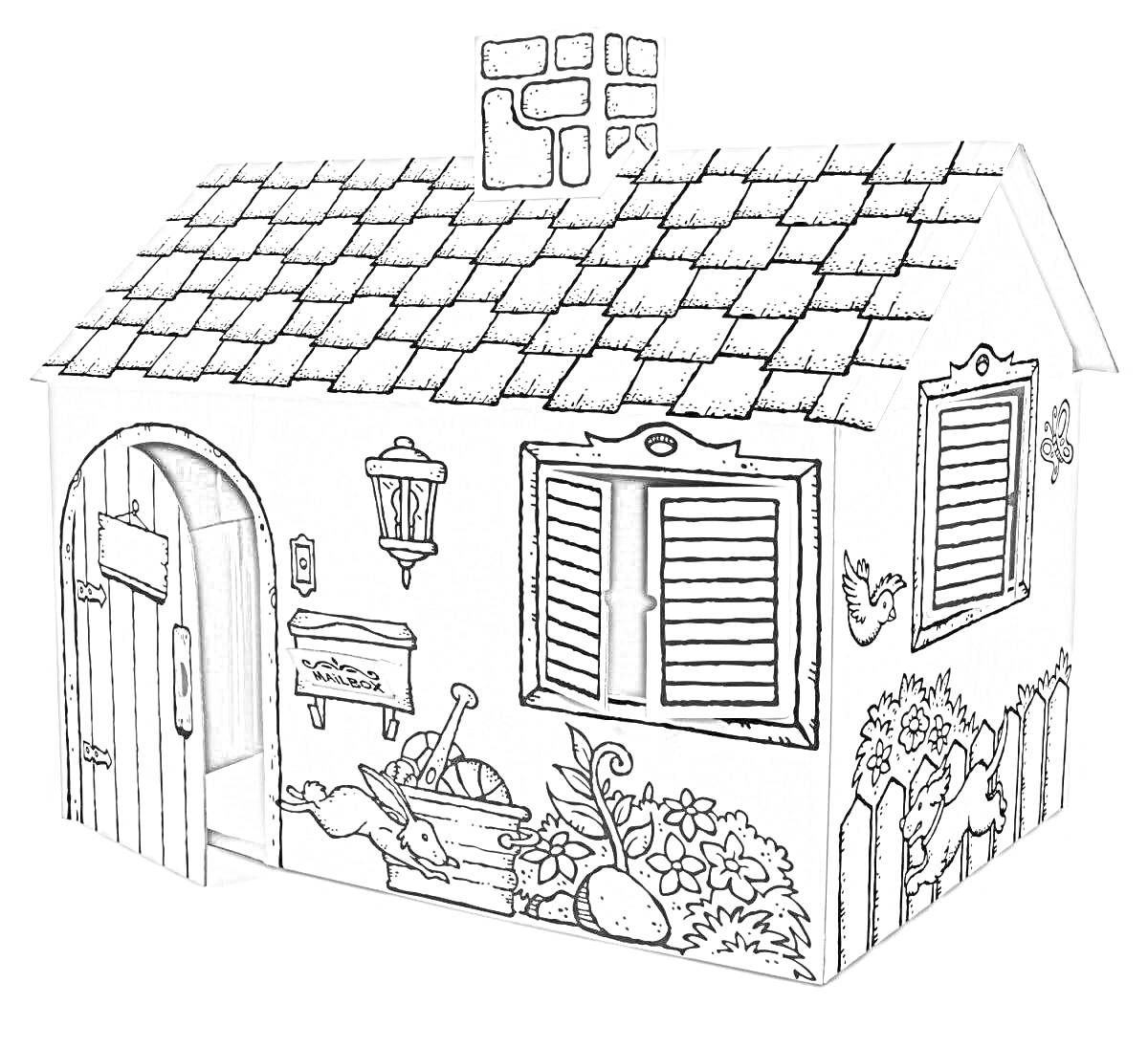 Раскраска Картонный домик с рельефной крышей, открытой дверью и окном, почтовым ящиком, уличным фонарем, клумбой с растениями, огородными инструментами и забором