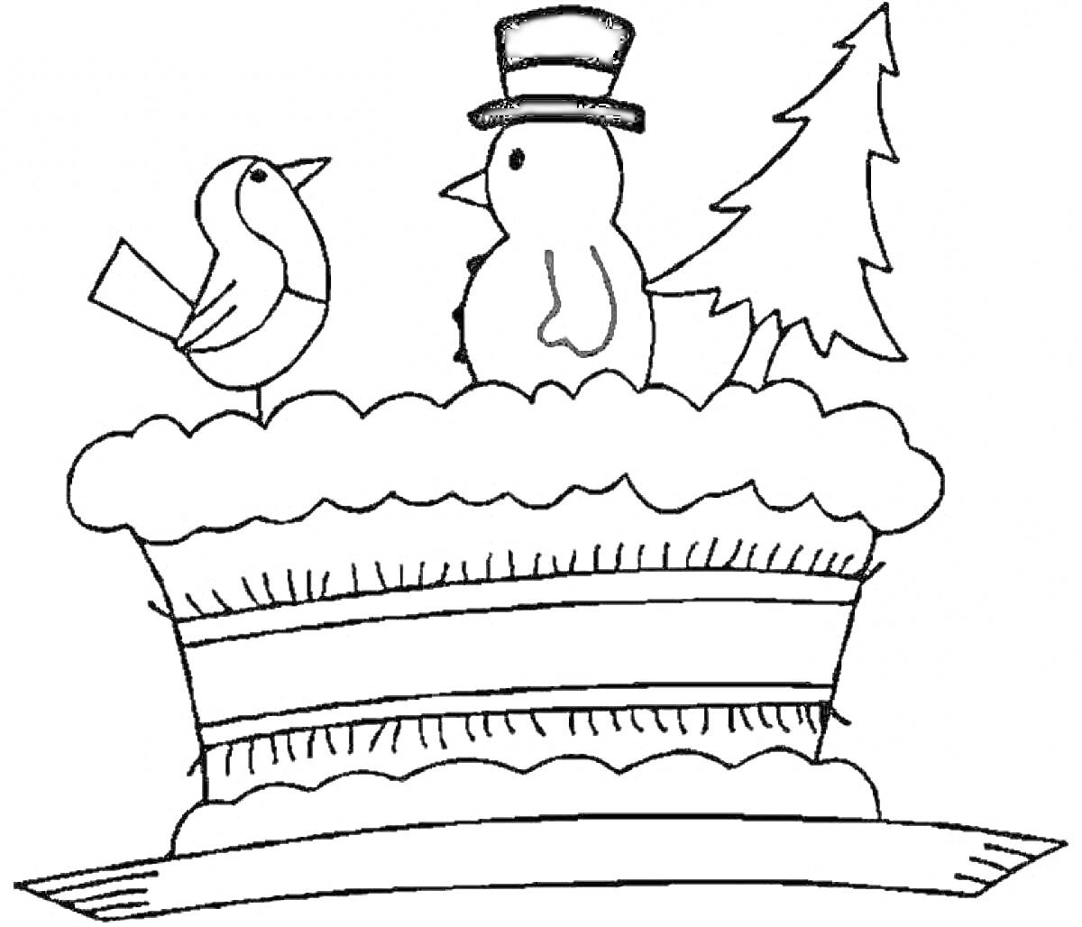 Раскраска Торт с птицей, снеговиком в шляпе и ёлкой