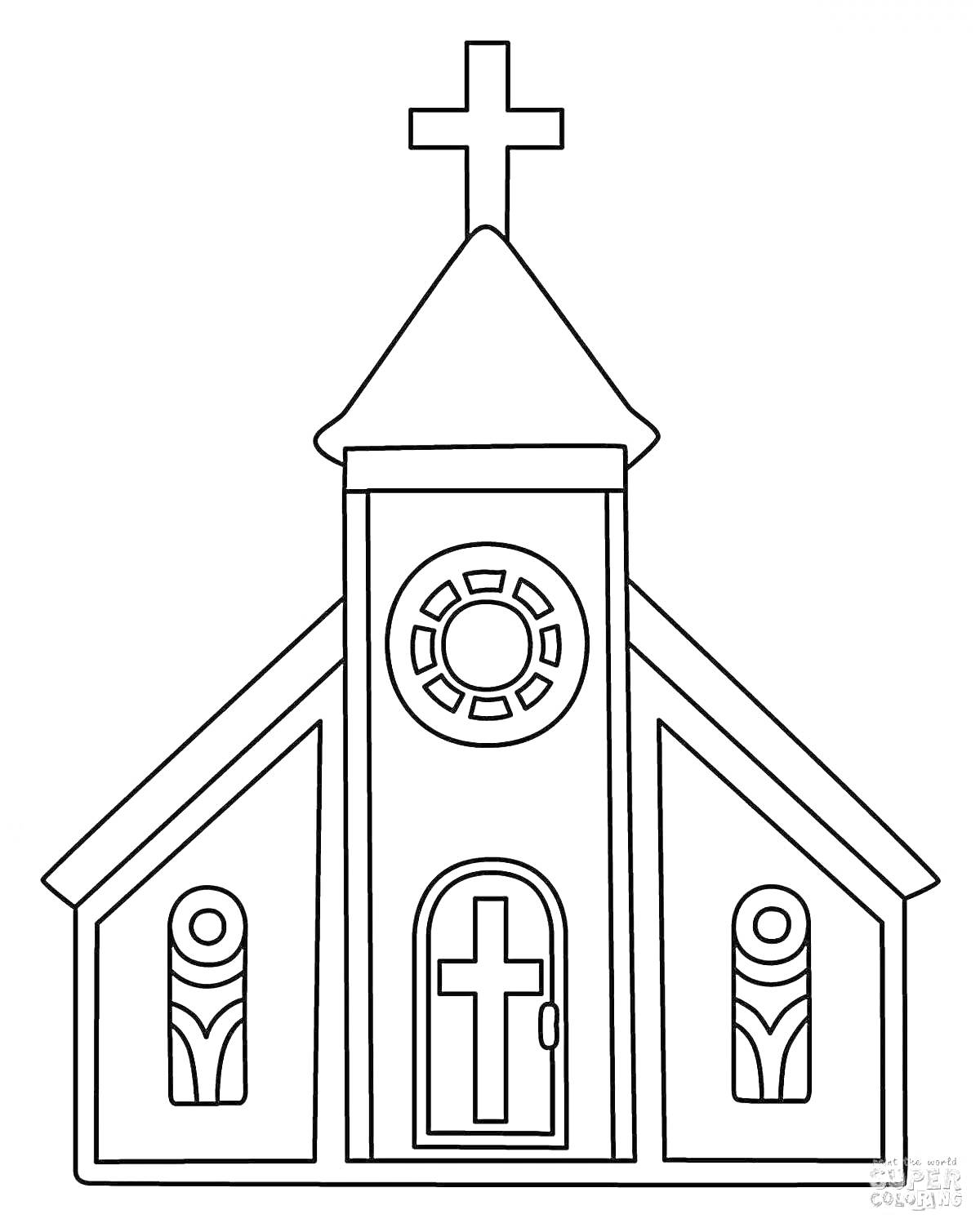 Раскраска Часовня с крестом на вершине, круглым окном и арочной дверью с крестом