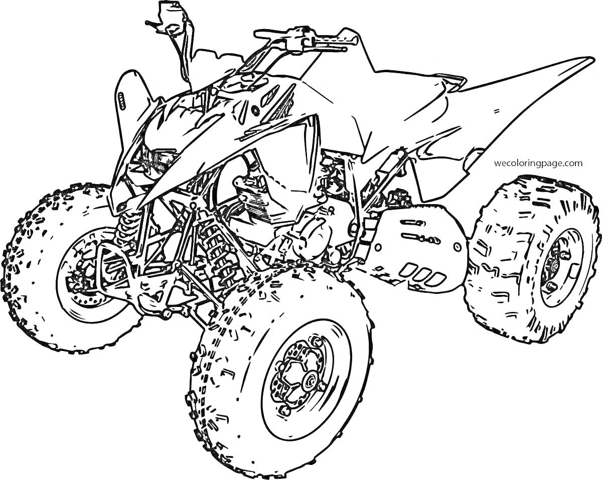 На раскраске изображено: Квадроцикл, Колёса, Большие шины, Мотор, Руль, Транспорт, Внедорожник